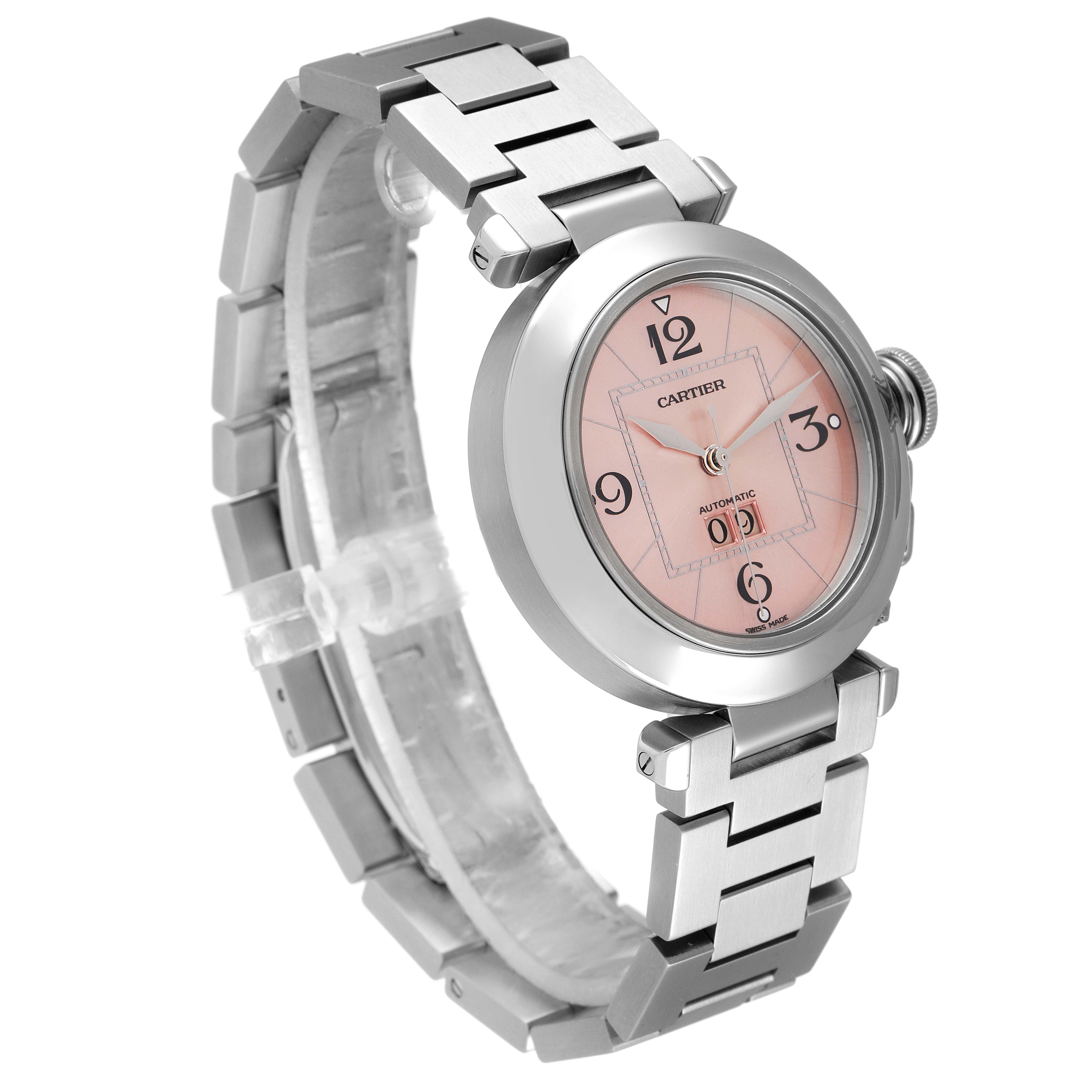 This is a side-angle view of the Cartier Pasha W31058M7 Women
s Stainless Steel Pink Dial W31058M7 Women
s Stainless Steel Pink Dial watch, showcasing its bracelet, bezel, dial, and crown.