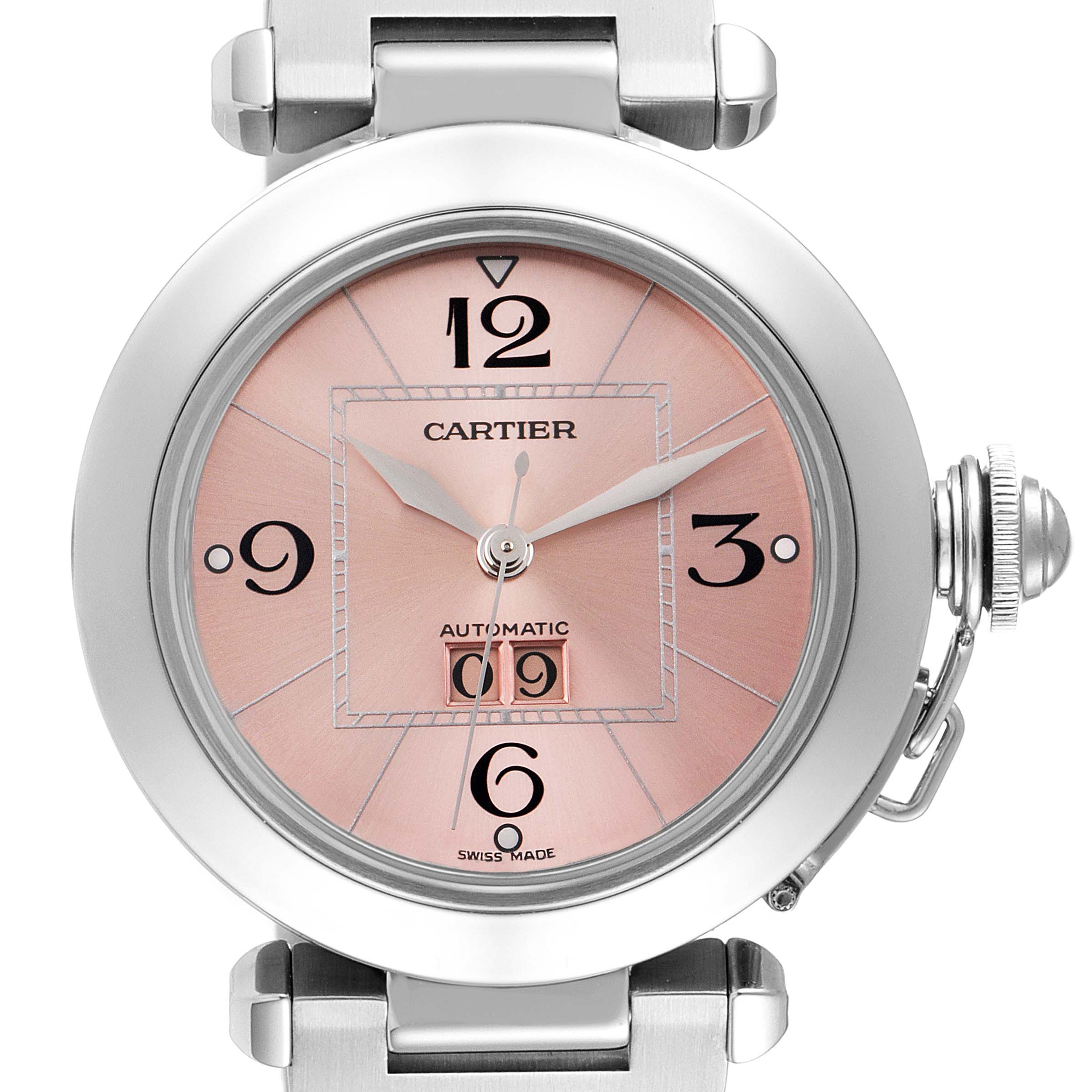 This Cartier Pasha W31058M7 Women
s Stainless Steel Pink Dial W31058M7 Women
s Stainless Steel Pink Dial watch is shown from the front, highlighting its round face, bezel, hands, and crown detail.