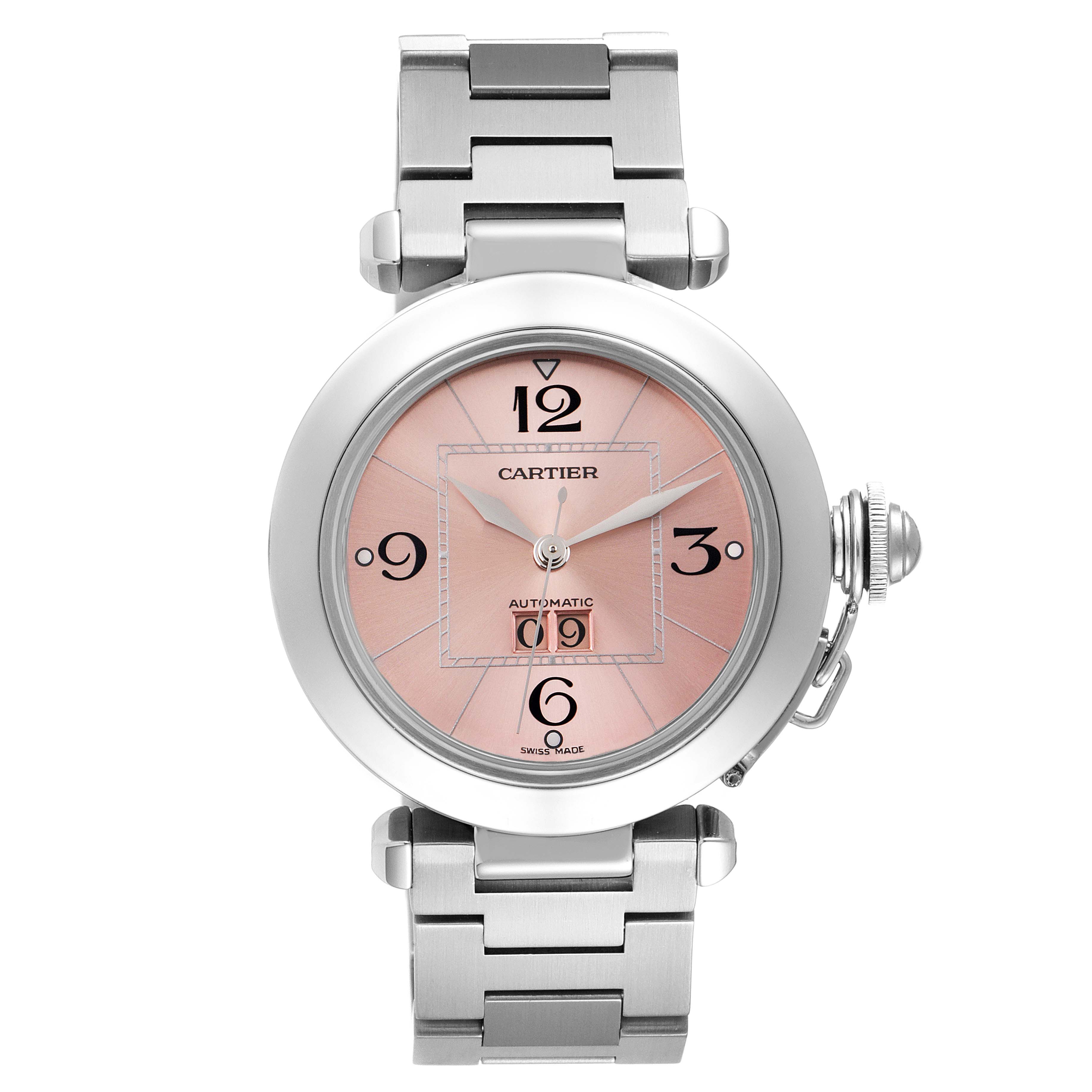 The image shows a frontal view of a Cartier Pasha W31058M7 Women
s Stainless Steel Pink Dial W31058M7 Women
s Stainless Steel Pink Dial watch, featuring a pink dial and stainless steel bracelet.