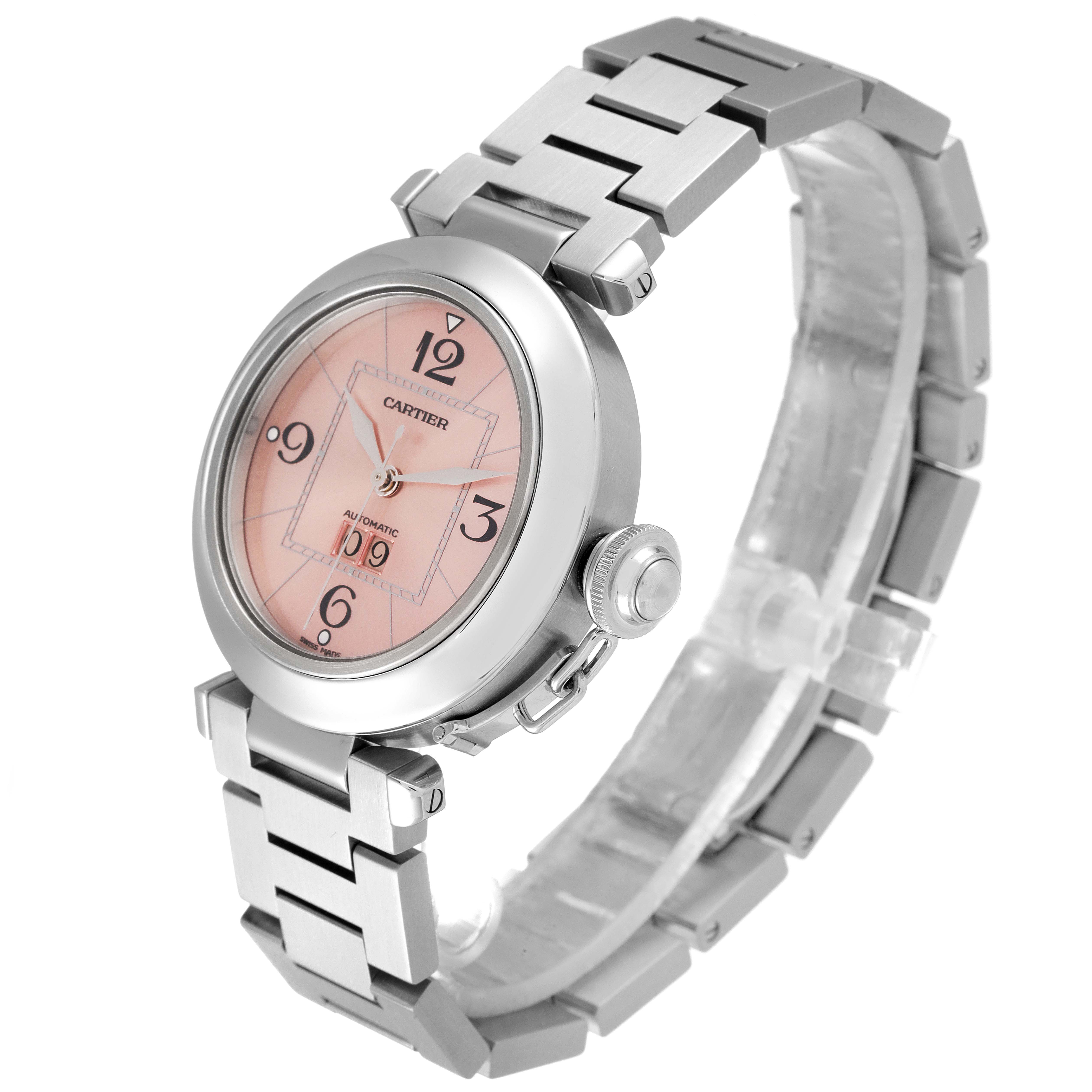The Cartier Pasha W31058M7 Women
s Stainless Steel Pink Dial W31058M7 Women
s Stainless Steel Pink Dial model watch is shown at an angled side view, displaying the dial, case, and metal bracelet.
