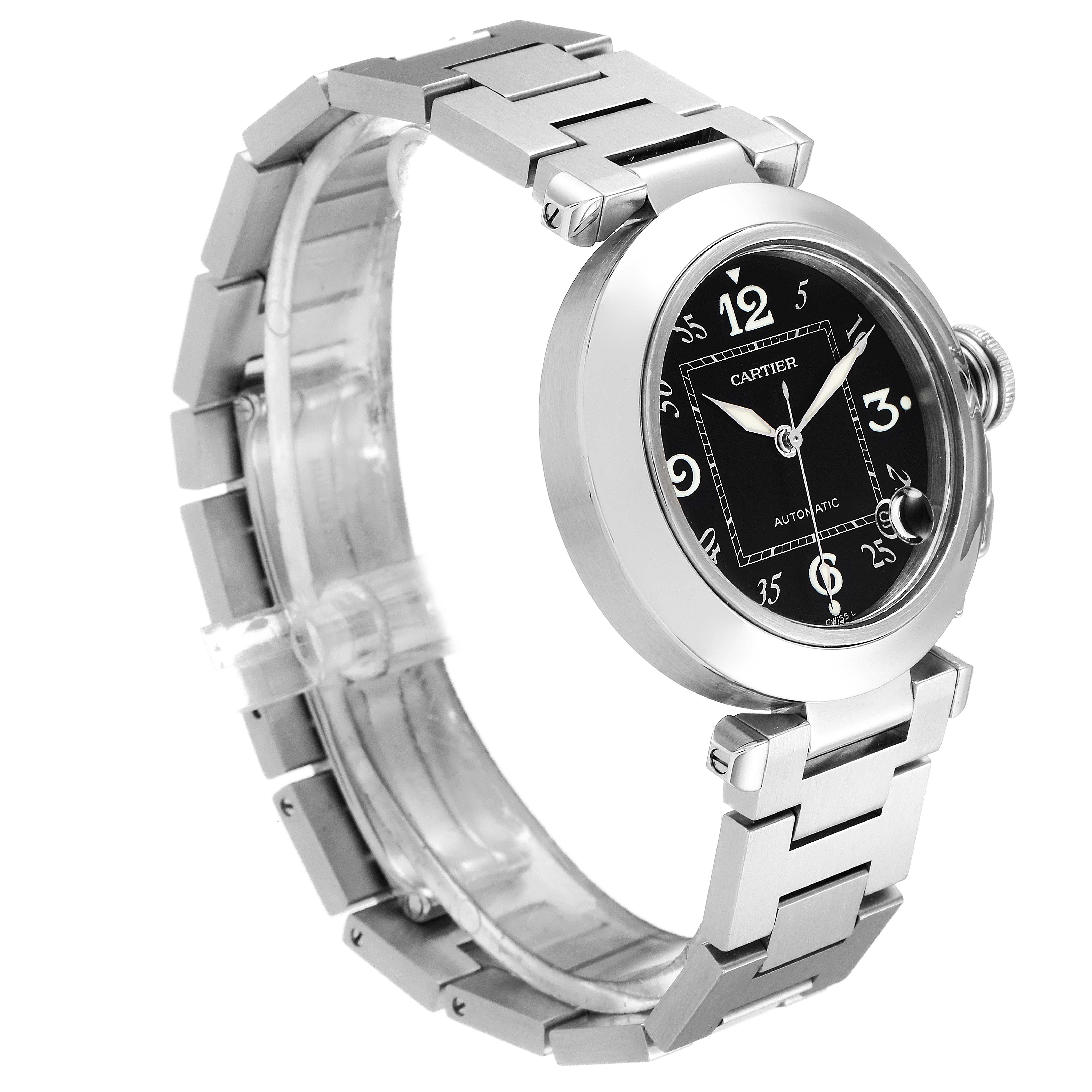 The image shows a side view of a Cartier Pasha W31043M7 Men
s Stainless Steel Black Dial W31043M7 Men
s Stainless Steel Black Dial model watch highlighting its metal bracelet and black dial.