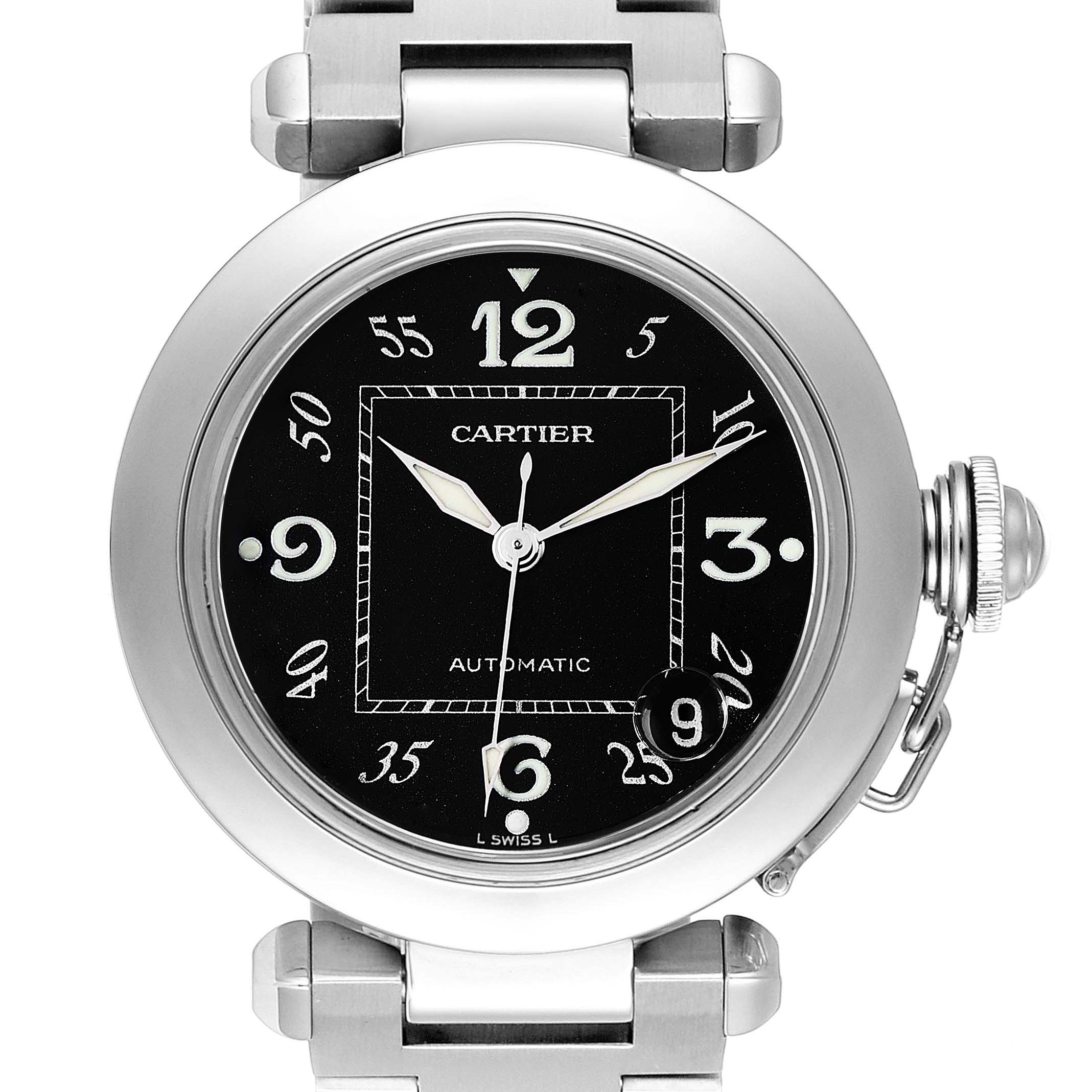 This image shows a front view of a Cartier Pasha W31043M7 Men
s Stainless Steel Black Dial W31043M7 Men
s Stainless Steel Black Dial watch, highlighting its black dial, numerals, and metallic bezel and bracelet.