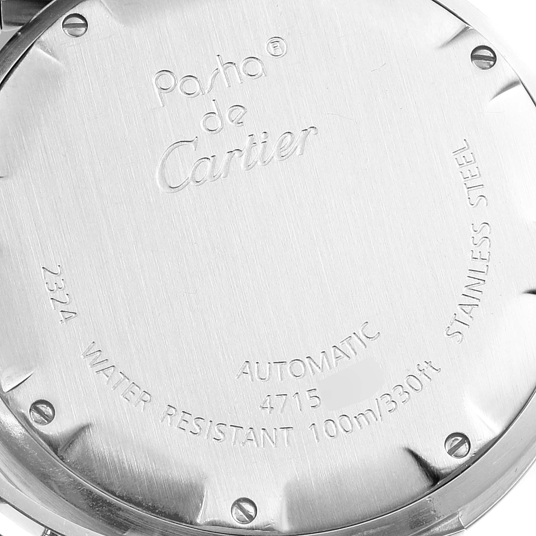 This image shows the back case with engravings of a Pasha model watch by Cartier.