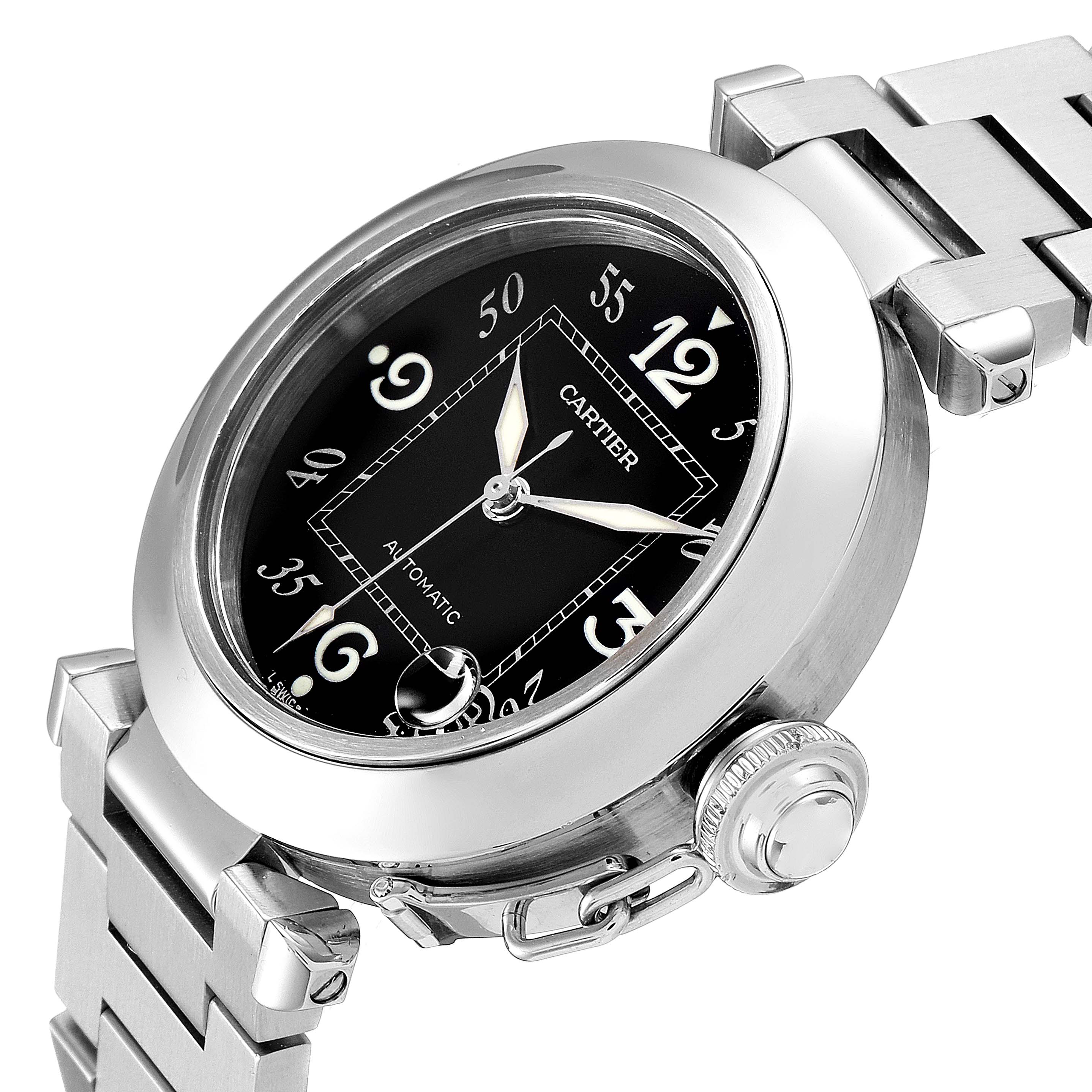 The image shows a close-up angle of a Cartier Pasha W31043M7 Men
s Stainless Steel Black Dial W31043M7 Men
s Stainless Steel Black Dial watch, highlighting the face, crown, and part of the bracelet.