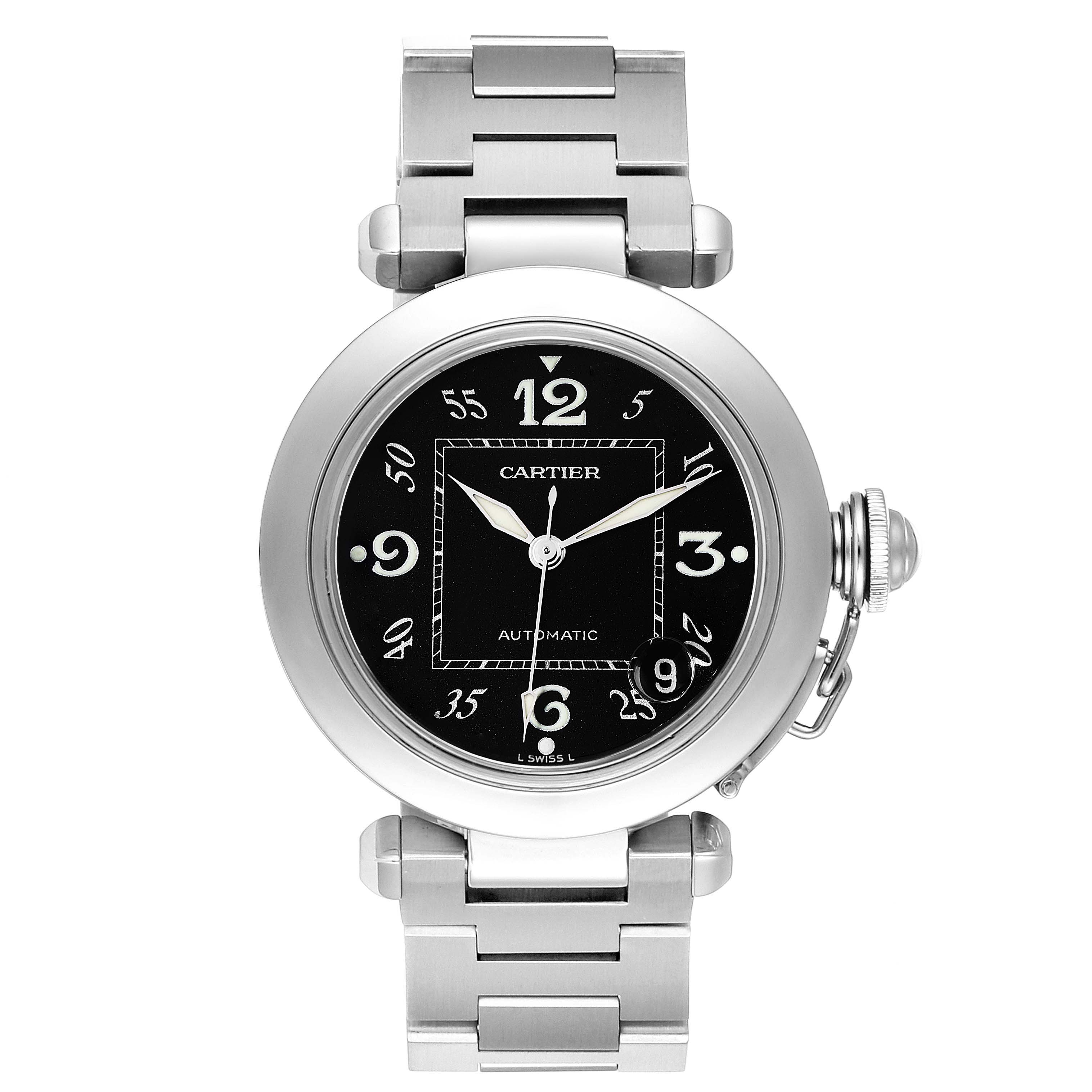 The Cartier Pasha W31043M7 Men
s Stainless Steel Black Dial W31043M7 Men
s Stainless Steel Black Dial watch is shown from a top-down angle, displaying its face, dial, and bracelet.