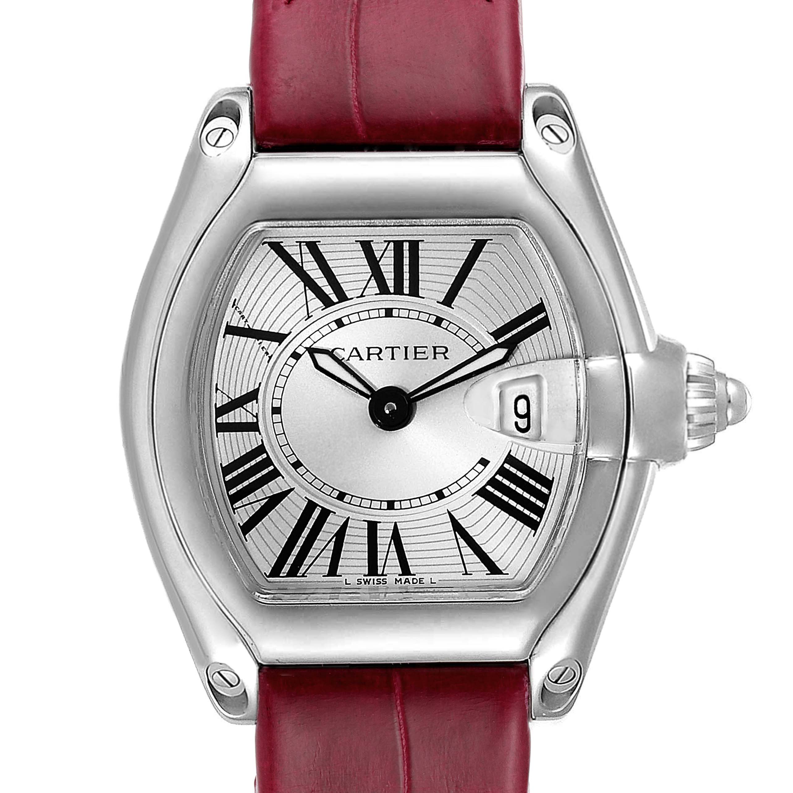 This image shows a front view of the Cartier Roadster W62016V3 Women's Stainless Steel Silver Dial W62016V3 Women's Stainless Steel Silver Dial watch, highlighting its dial, bezel, and red strap.