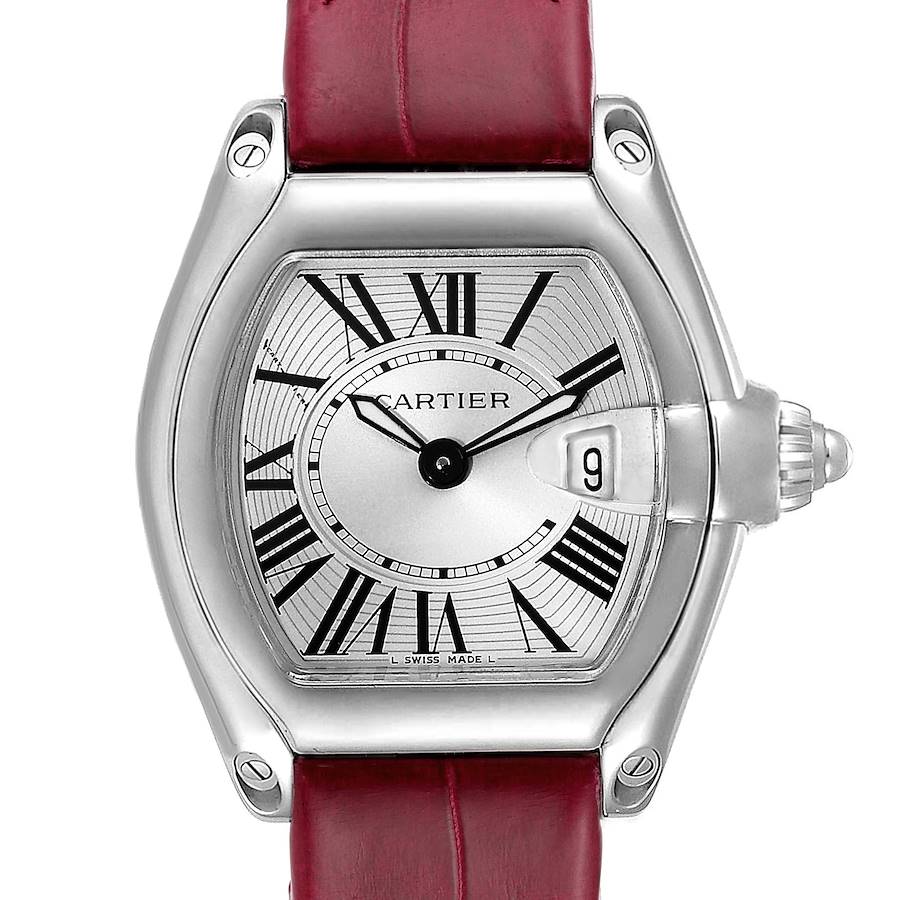 Cartier Roadster Silver Dial Burgundy Strap Steel Ladies Watch W62016V3 SwissWatchExpo