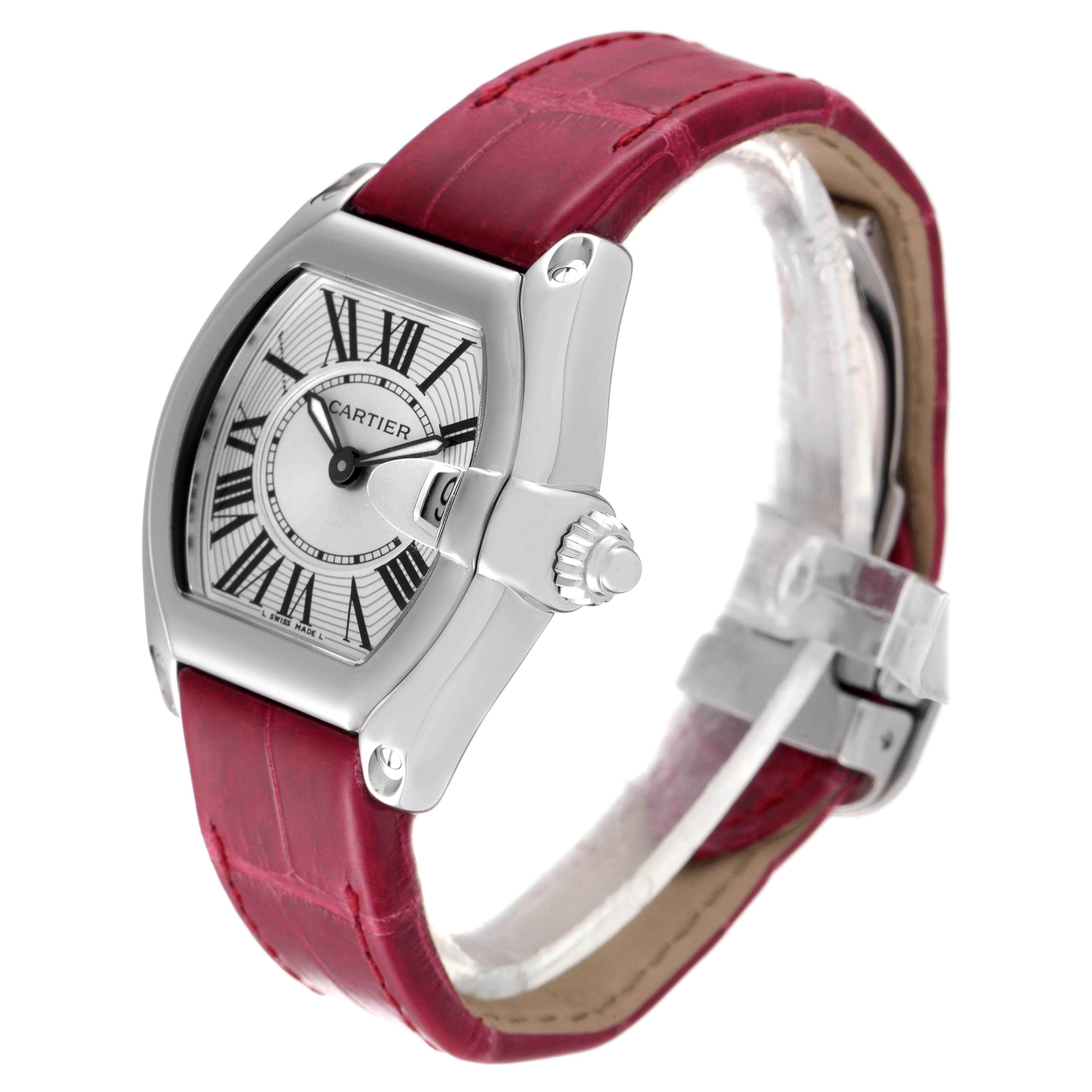 The image shows a Cartier Roadster W62016V3 Women's Stainless Steel Silver Dial W62016V3 Women's Stainless Steel Silver Dial watch at a slight angle, highlighting the dial, bezel, crown, and red leather strap.