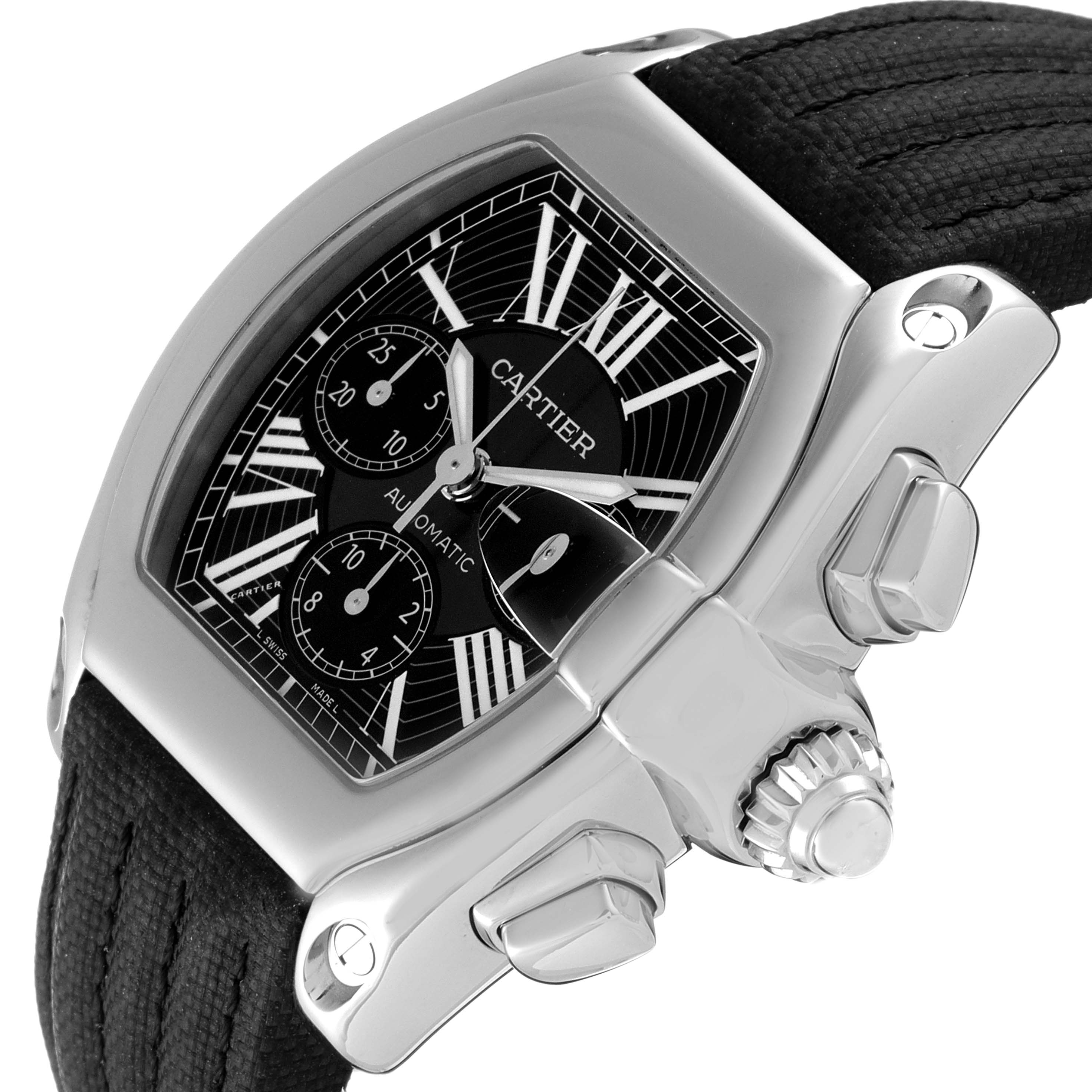 This image shows a close-up angle of a Cartier Roadster W62020X6 Men
s Stainless Steel Black Dial W62020X6 Men
s Stainless Steel Black Dial watch, highlighting the dial, crown, subdials, and part of the strap.