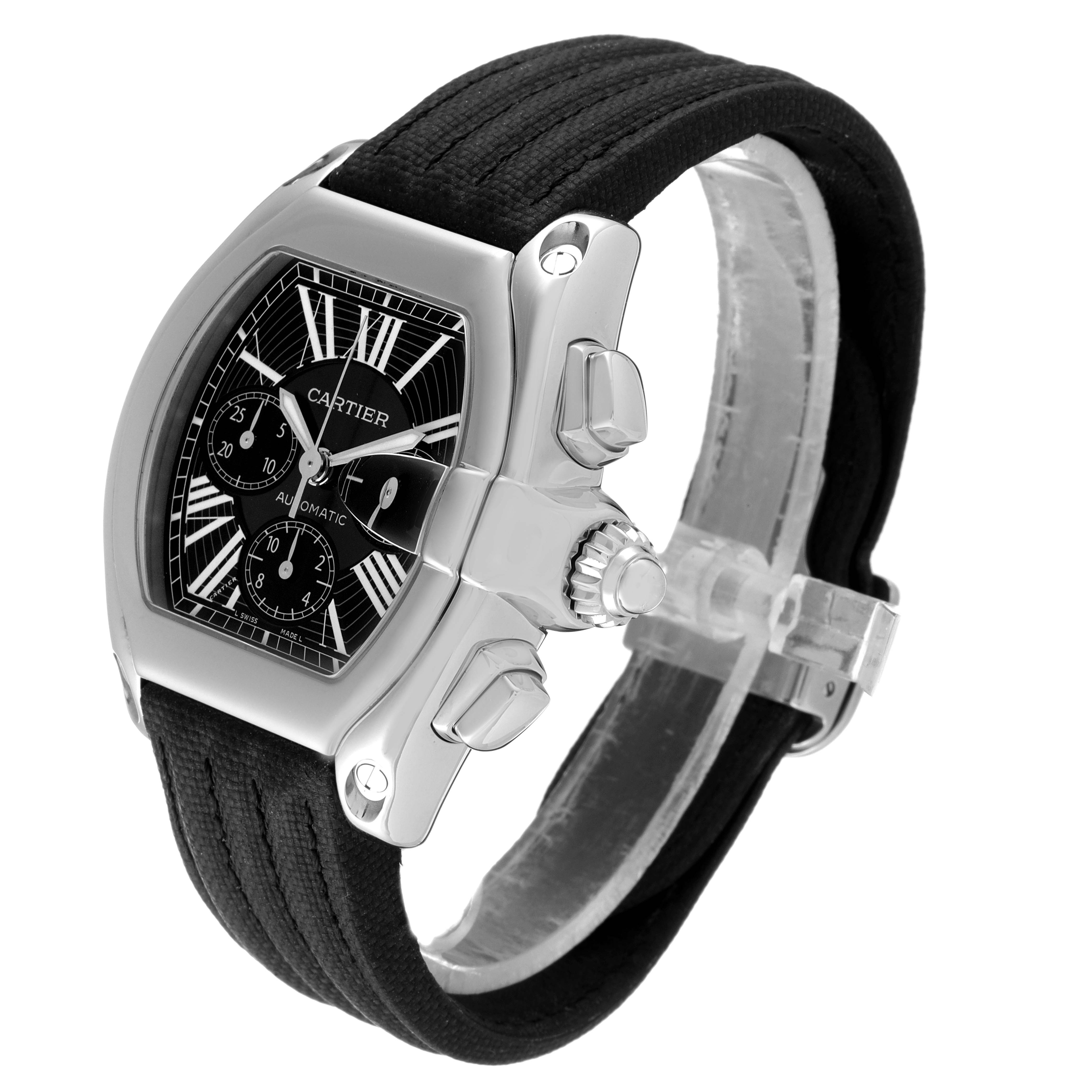 The image displays a Cartier Roadster W62020X6 Men
s Stainless Steel Black Dial W62020X6 Men
s Stainless Steel Black Dial watch at a slight angle, showcasing its face, crown, pushers, and part of the black strap.
