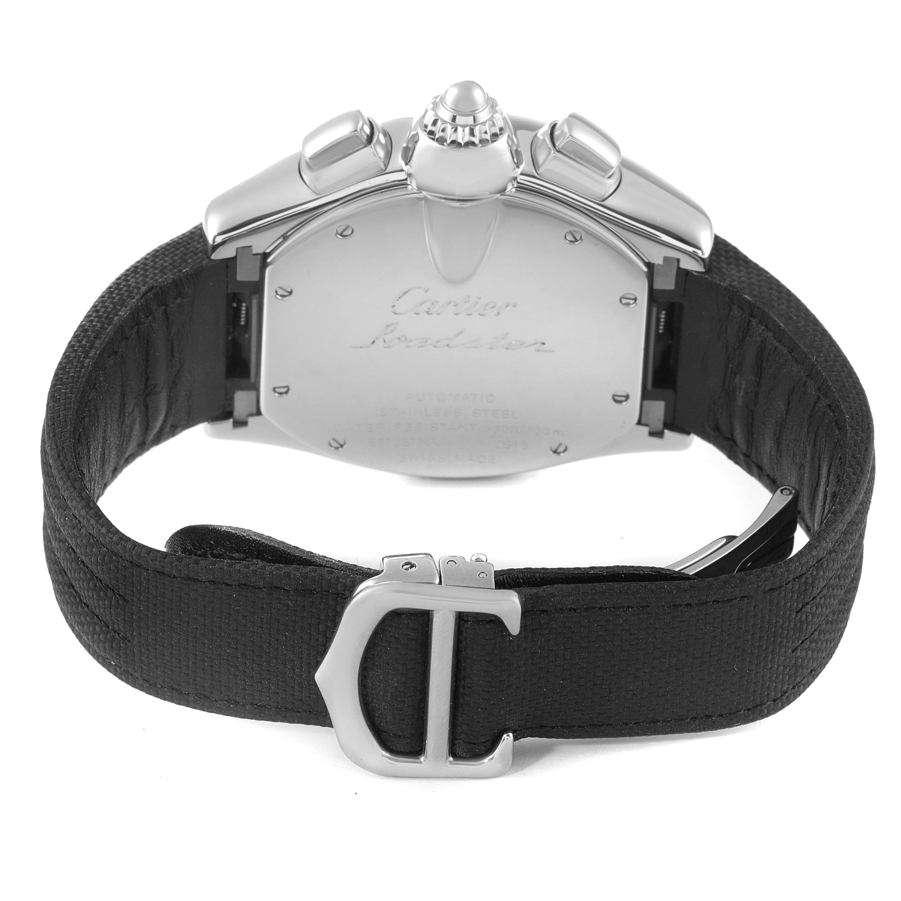 The image shows the back of the Cartier Roadster W62020X6 Men
s Stainless Steel Black Dial W62020X6 Men
s Stainless Steel Black Dial watch, focusing on the clasp, strap, and case back.