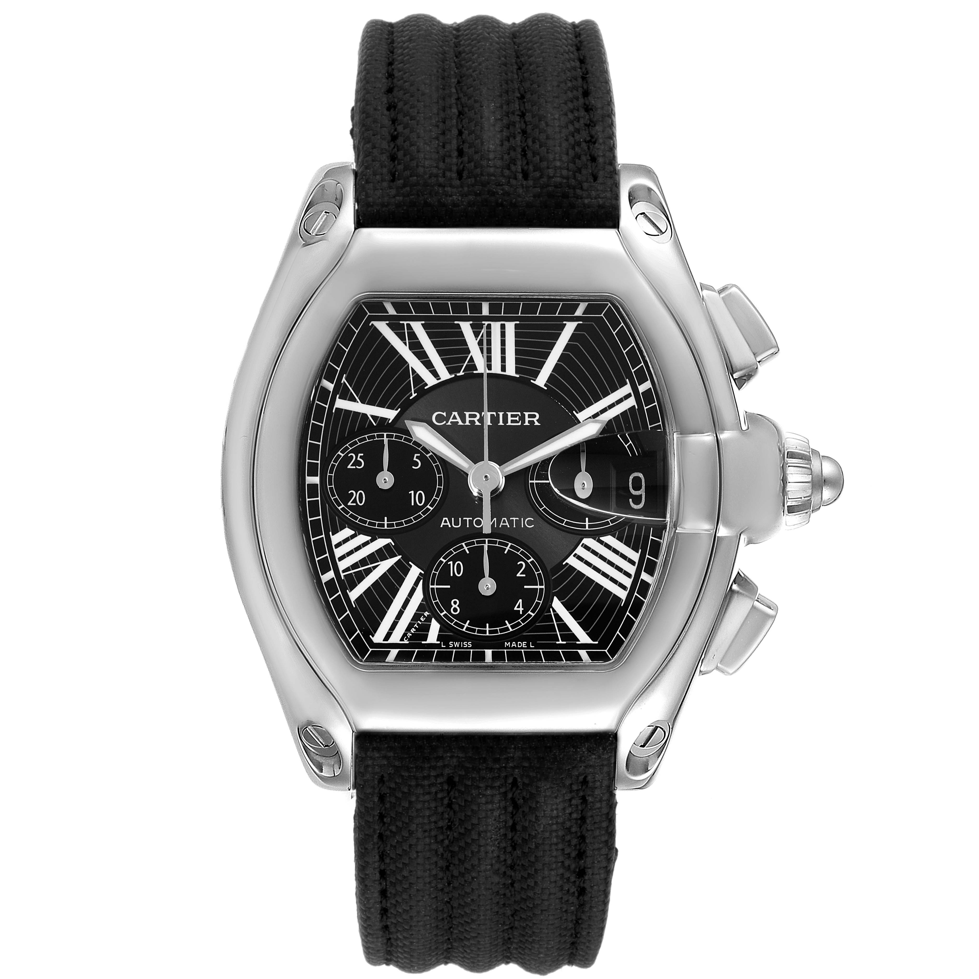 The image shows a front view of the Cartier Roadster W62020X6 Men
s Stainless Steel Black Dial W62020X6 Men
s Stainless Steel Black Dial watch displaying its dial, case, and part of the strap.