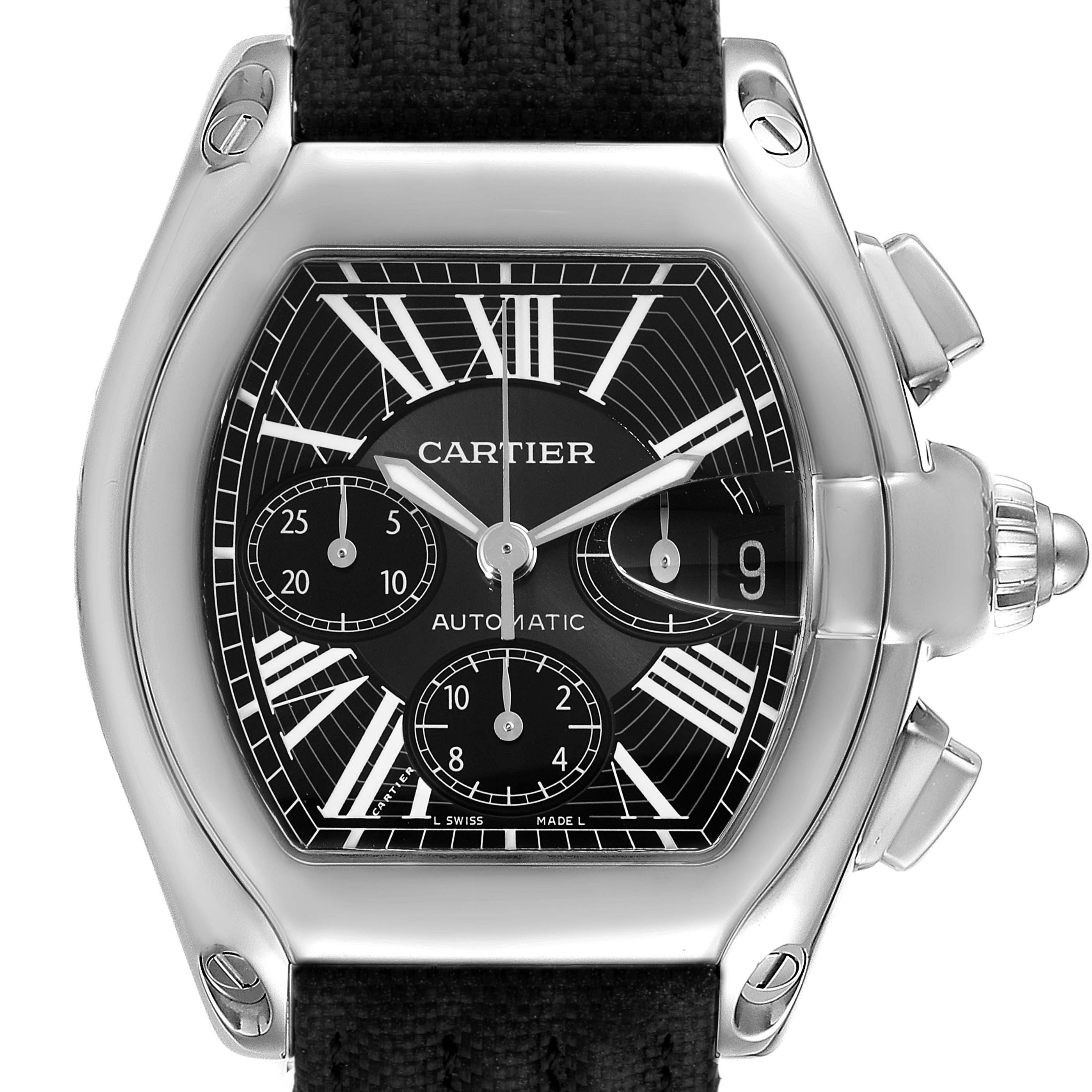 This image shows a Cartier Roadster W62020X6 Men
s Stainless Steel Black Dial W62020X6 Men
s Stainless Steel Black Dial watch from a front angle, highlighting the dial, markers, and side buttons.