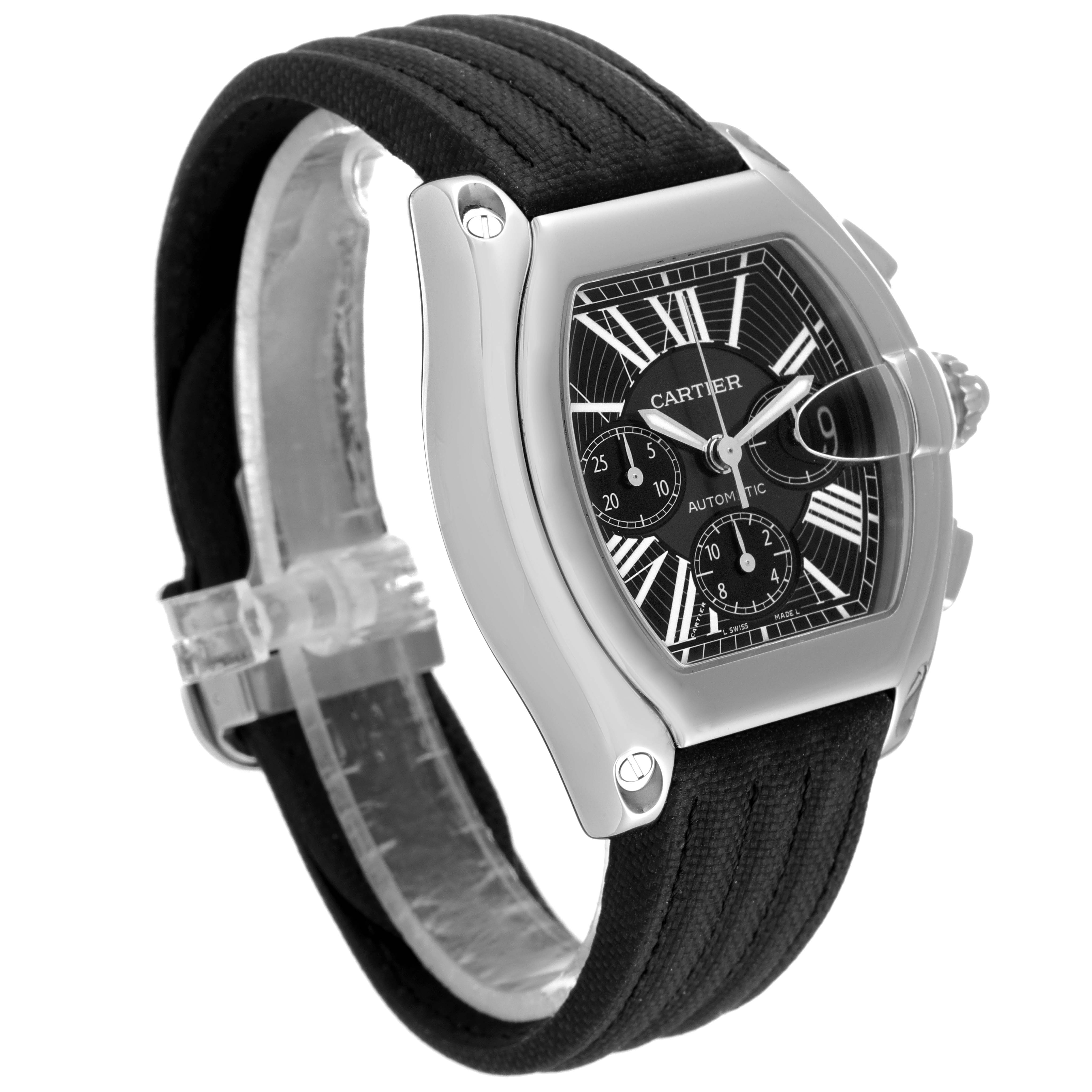 The image shows a side-angle view of a Cartier Roadster W62020X6 Men
s Stainless Steel Black Dial W62020X6 Men
s Stainless Steel Black Dial watch, highlighting its face, strap, and crown.