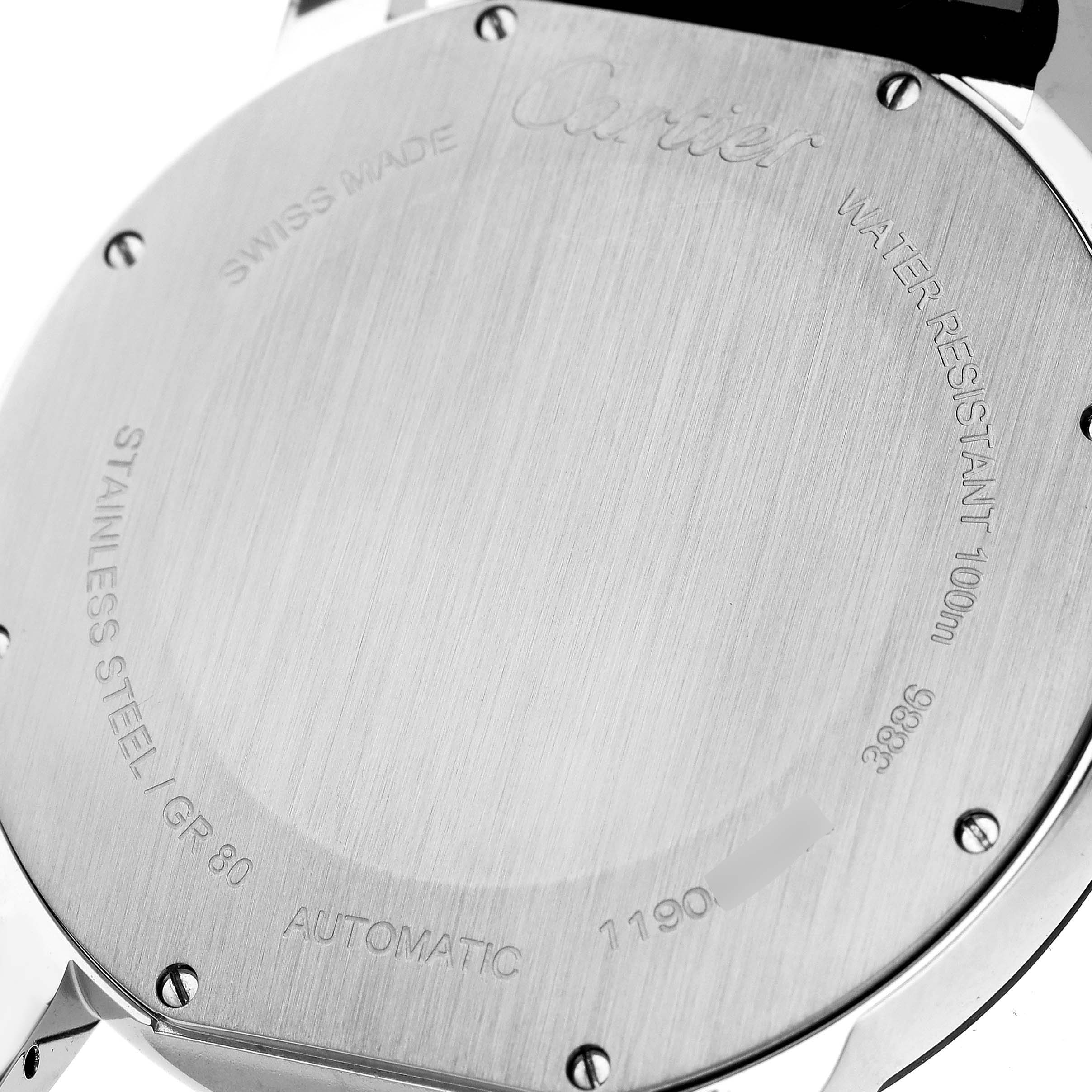 The image shows the back case of a Cartier Ronde W2RN0005 Men's Steel and Gold (two tone) Grey Dial W2RN0005 Men's Steel and Gold (two tone) Grey Dial watch, displaying its specifications and branding.