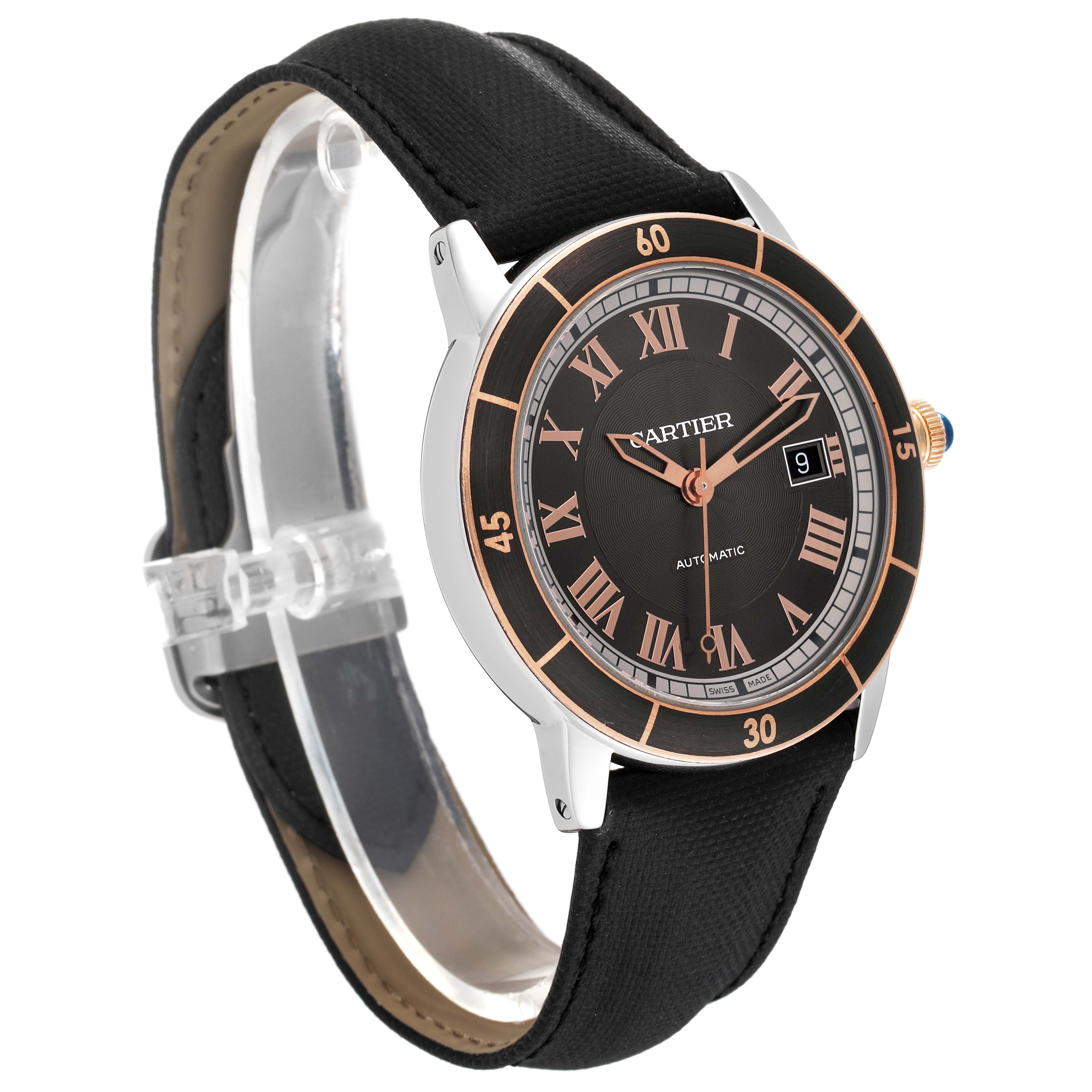 The image shows a Cartier Ronde W2RN0005 Men's Steel and Gold (two tone) Grey Dial W2RN0005 Men's Steel and Gold (two tone) Grey Dial watch at a slight angle, displaying its face, dial, and black strap.