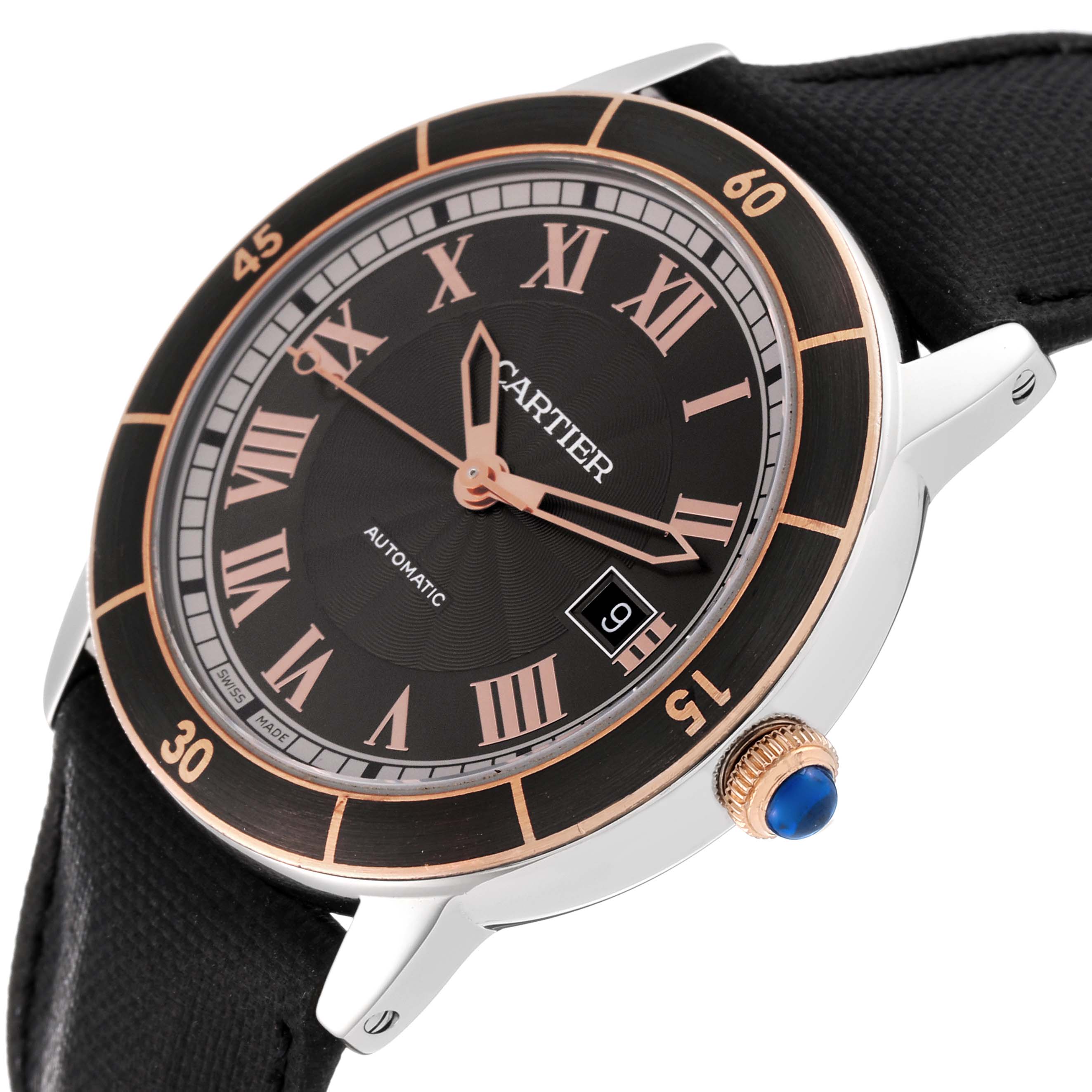 The image shows a Cartier Ronde W2RN0005 Men's Steel and Gold (two tone) Grey Dial W2RN0005 Men's Steel and Gold (two tone) Grey Dial watch at a slight angle, revealing the face, bezel, crown, strap, and some case details.