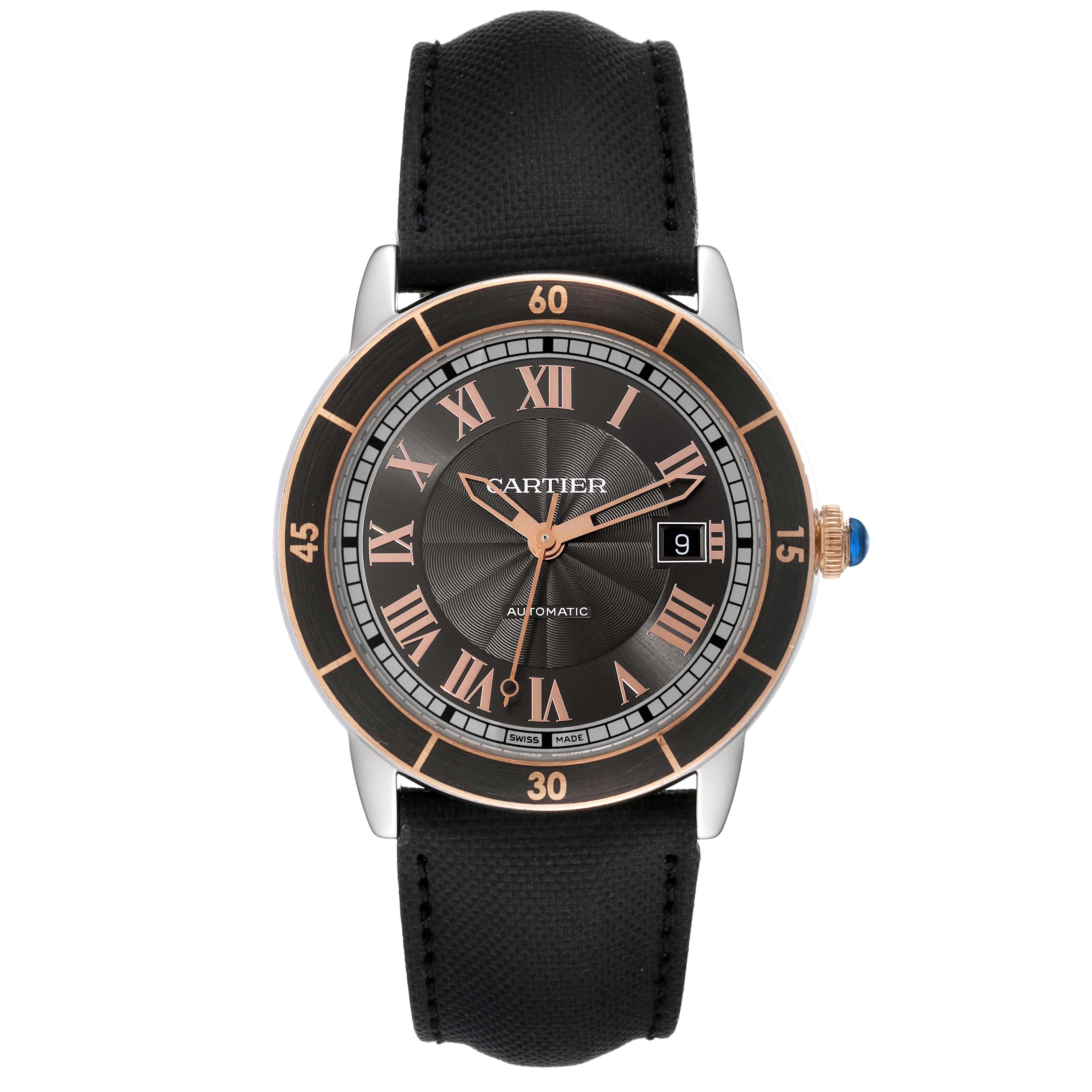 This image shows a Cartier Ronde W2RN0005 Men's Steel and Gold (two tone) Grey Dial W2RN0005 Men's Steel and Gold (two tone) Grey Dial model watch from a front angle, displaying its dial, numerals, and strap.