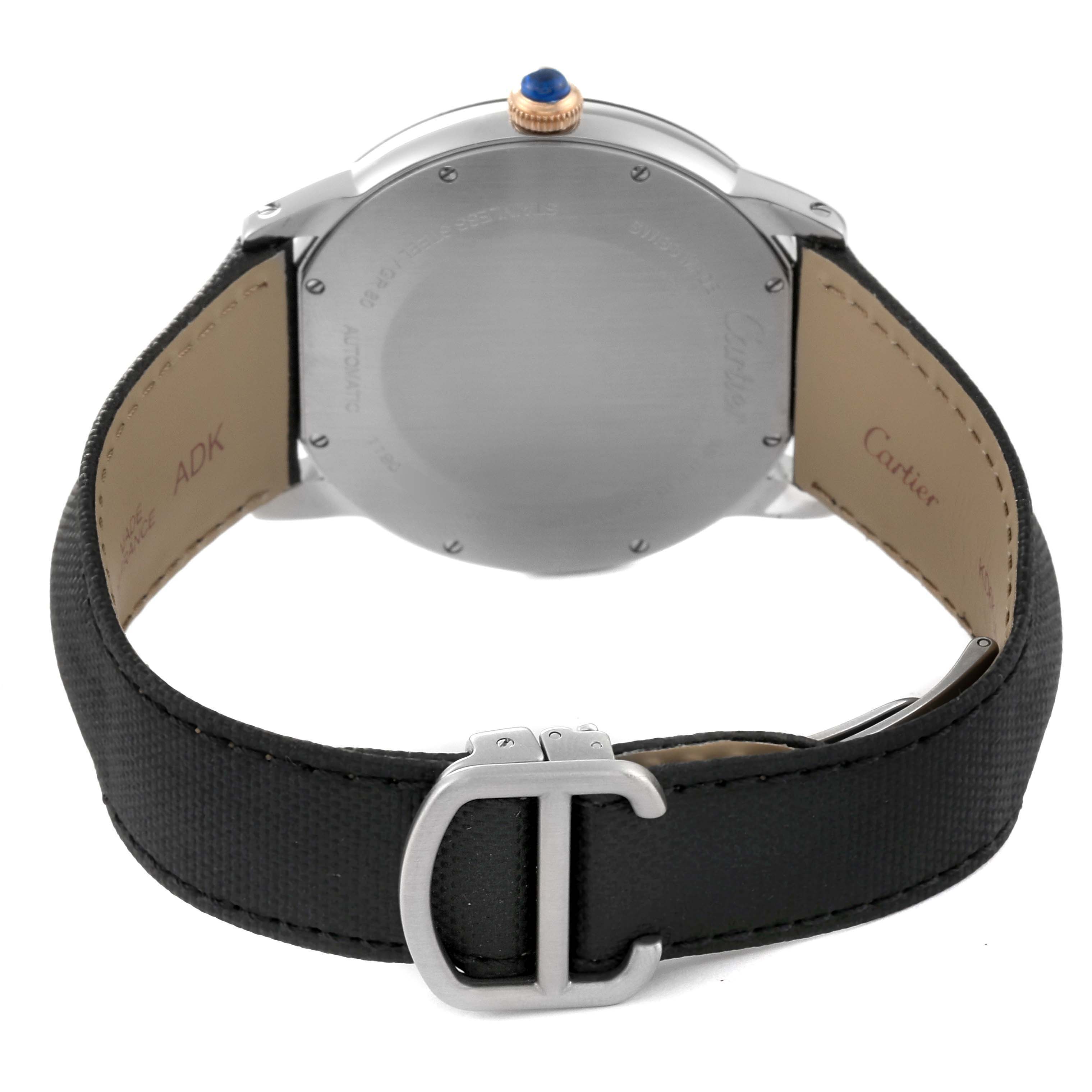 The image shows the back view of a Cartier Ronde W2RN0005 Men's Steel and Gold (two tone) Grey Dial W2RN0005 Men's Steel and Gold (two tone) Grey Dial watch, displaying the case back, crown, strap, and buckle.