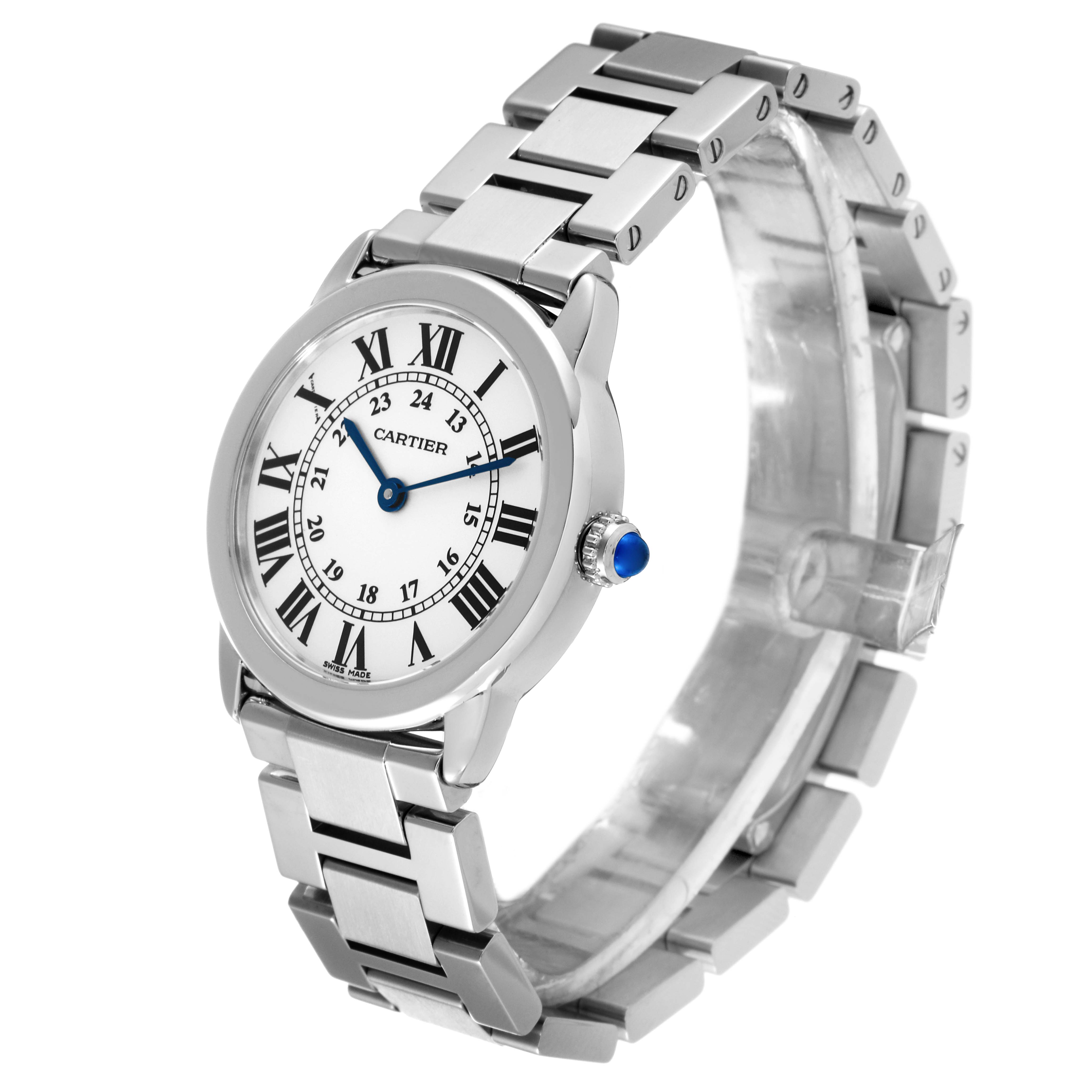 The image shows a Cartier Ronde W6701004 Women's Stainless Steel Silver Dial W6701004 Women's Stainless Steel Silver Dial watch angled to display the face, crown, and metal bracelet.