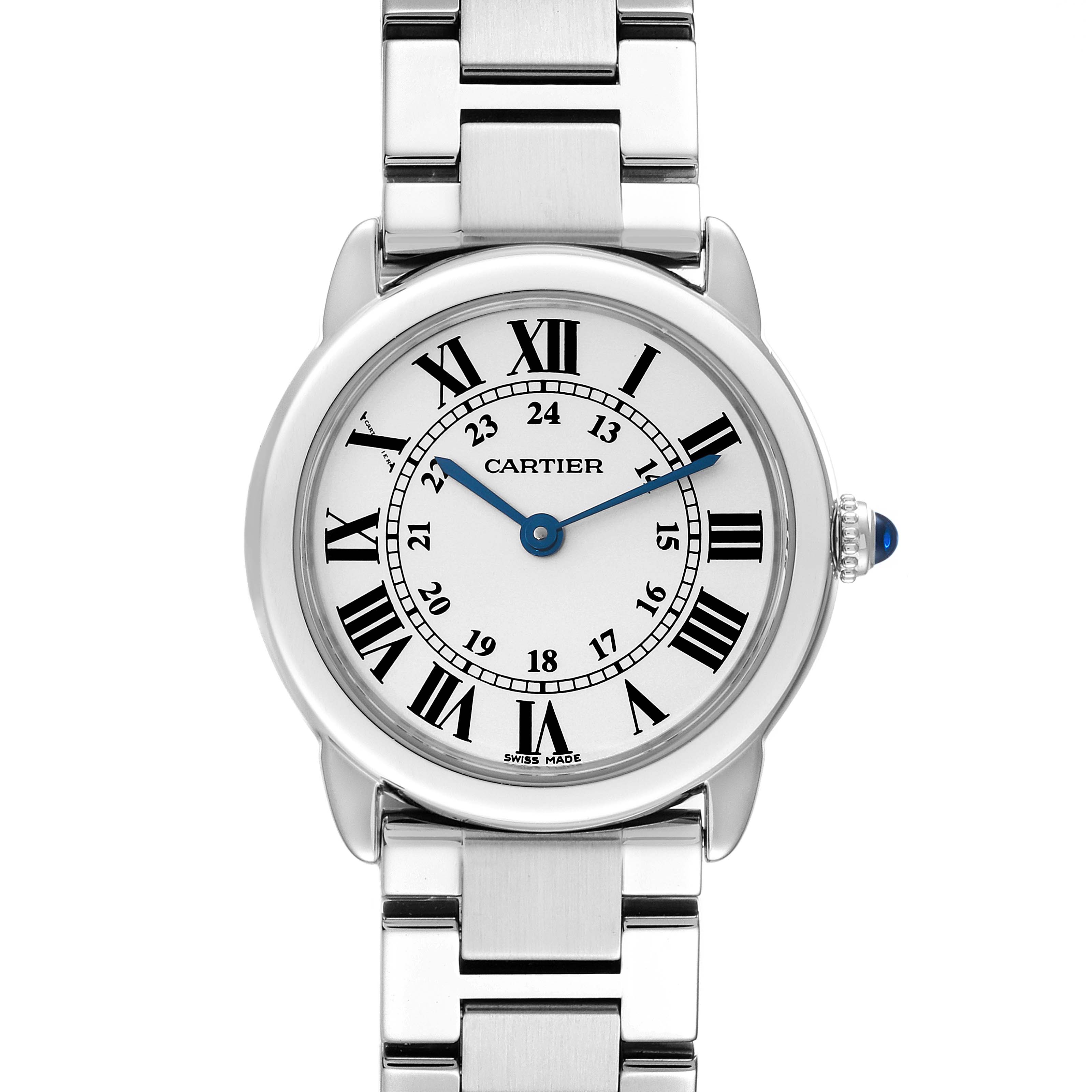 This is a close-up, front view of the Cartier Ronde W6701004 Women's Stainless Steel Silver Dial W6701004 Women's Stainless Steel Silver Dial model watch, showcasing the face and metal bracelet.