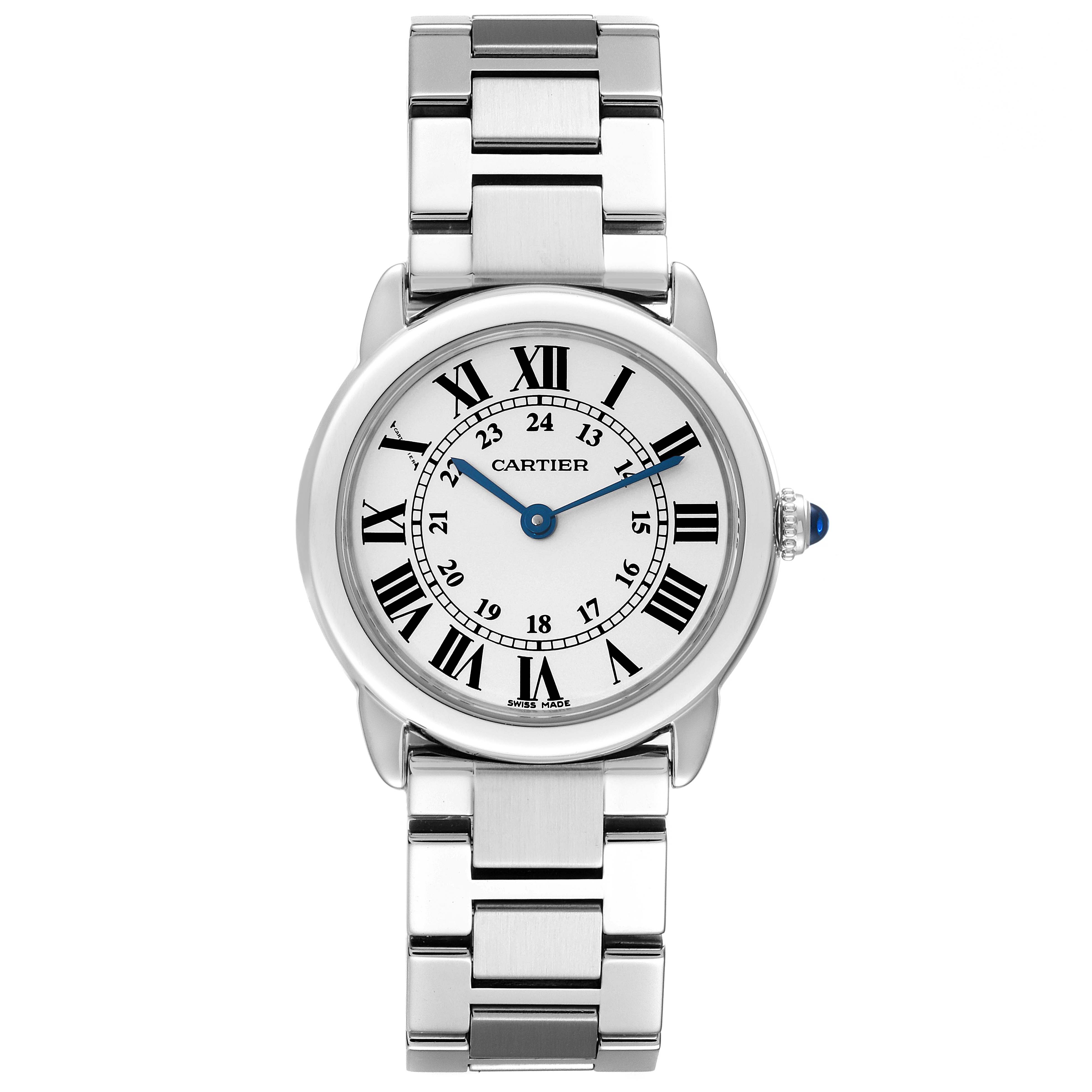 This image shows a Cartier Ronde W6701004 Women's Stainless Steel Silver Dial W6701004 Women's Stainless Steel Silver Dial model watch from a front angle, highlighting the face, Roman numerals, and metal bracelet.