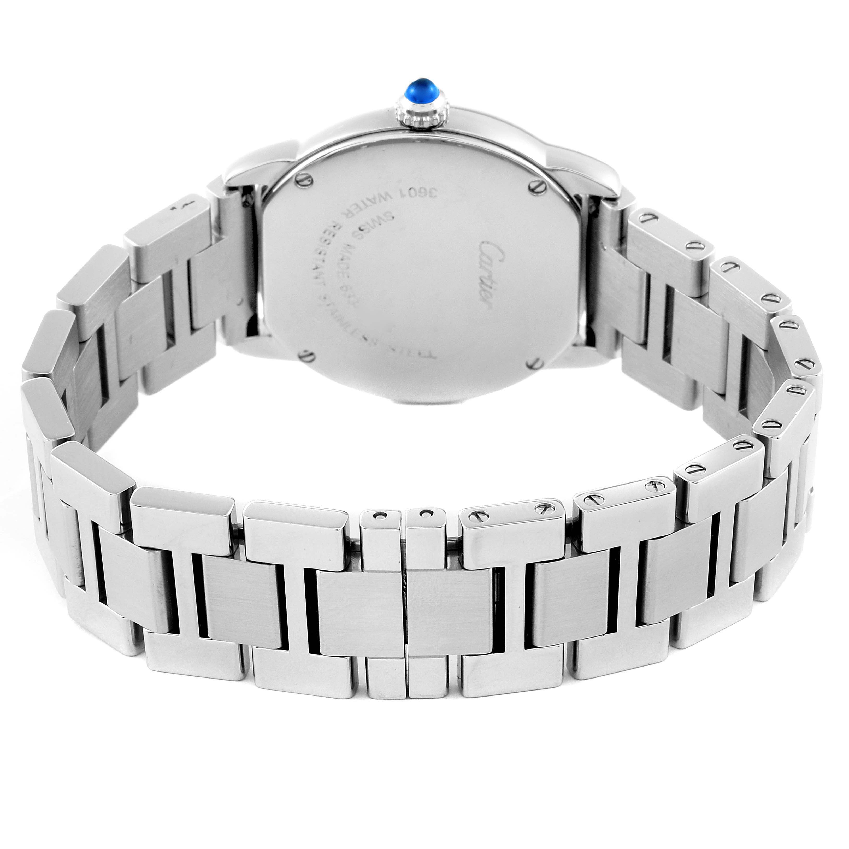 The image shows the back of the Cartier Ronde W6701004 Women's Stainless Steel Silver Dial W6701004 Women's Stainless Steel Silver Dial watch and its metal bracelet, highlighting the clasp and case back.