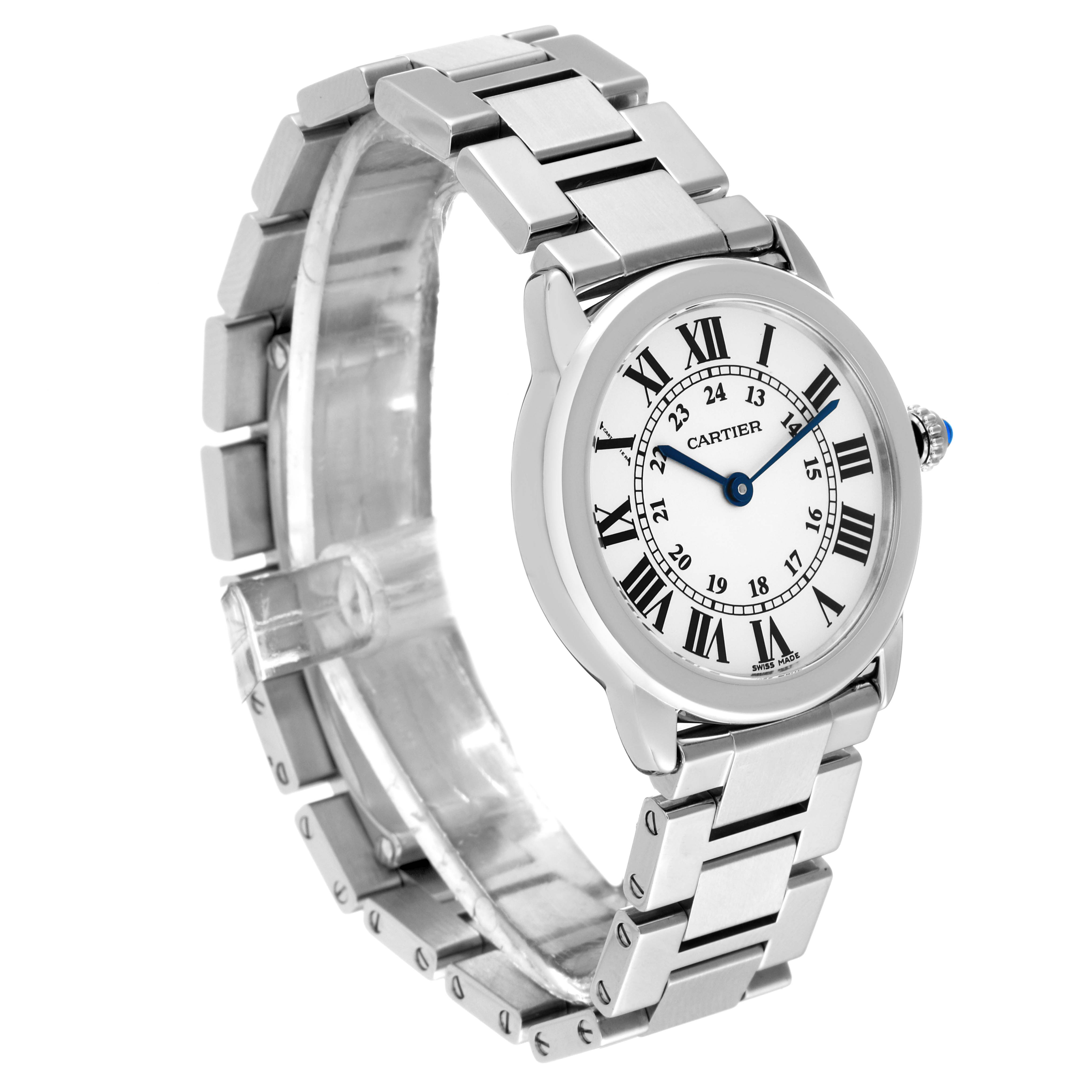 This image shows a Cartier Ronde W6701004 Women's Stainless Steel Silver Dial W6701004 Women's Stainless Steel Silver Dial model watch from an angled front view, highlighting the face, band, and crown.
