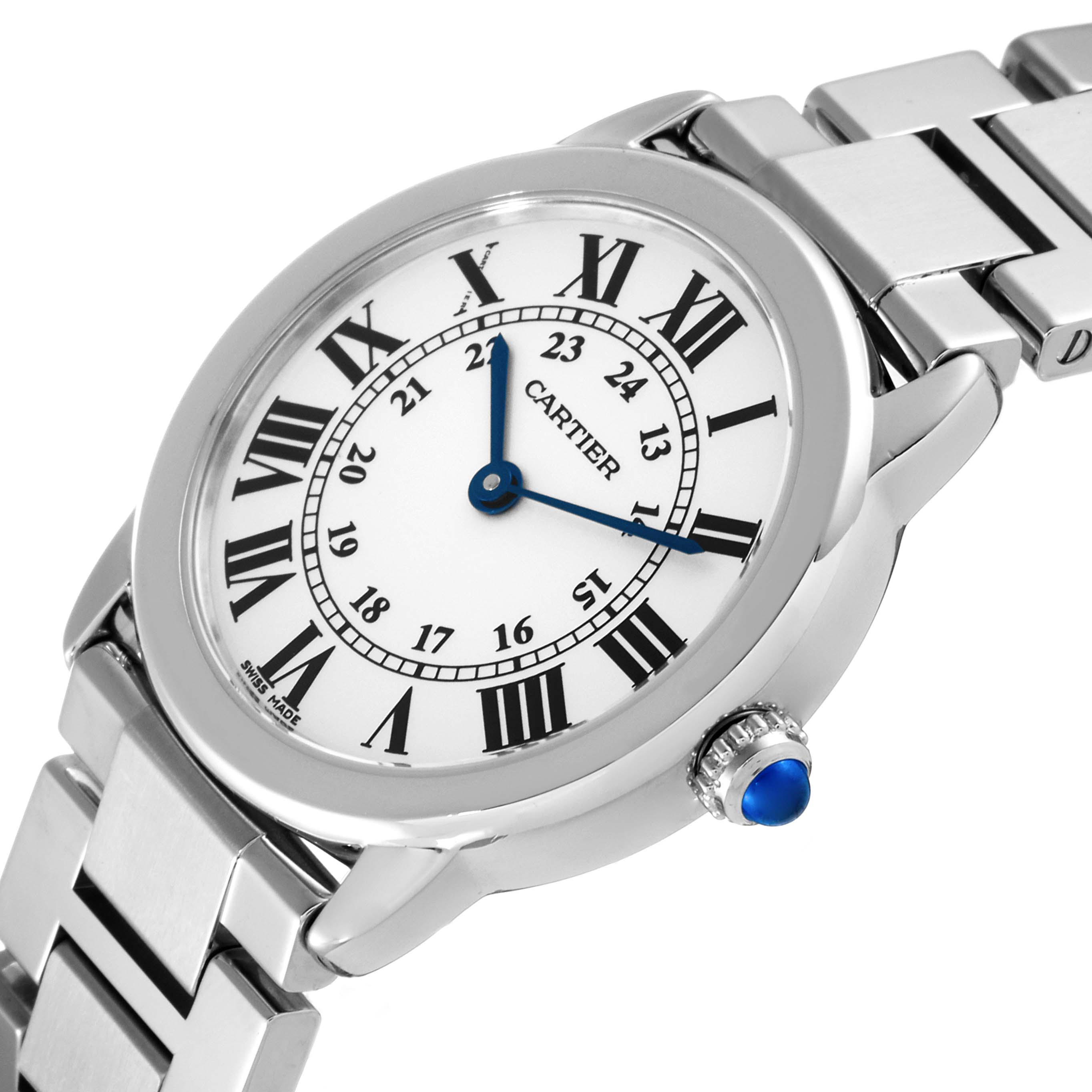 The image shows a Cartier Ronde W6701004 Women's Stainless Steel Silver Dial W6701004 Women's Stainless Steel Silver Dial watch at an angled view, highlighting the dial, bracelet, and crown with a blue cabochon.