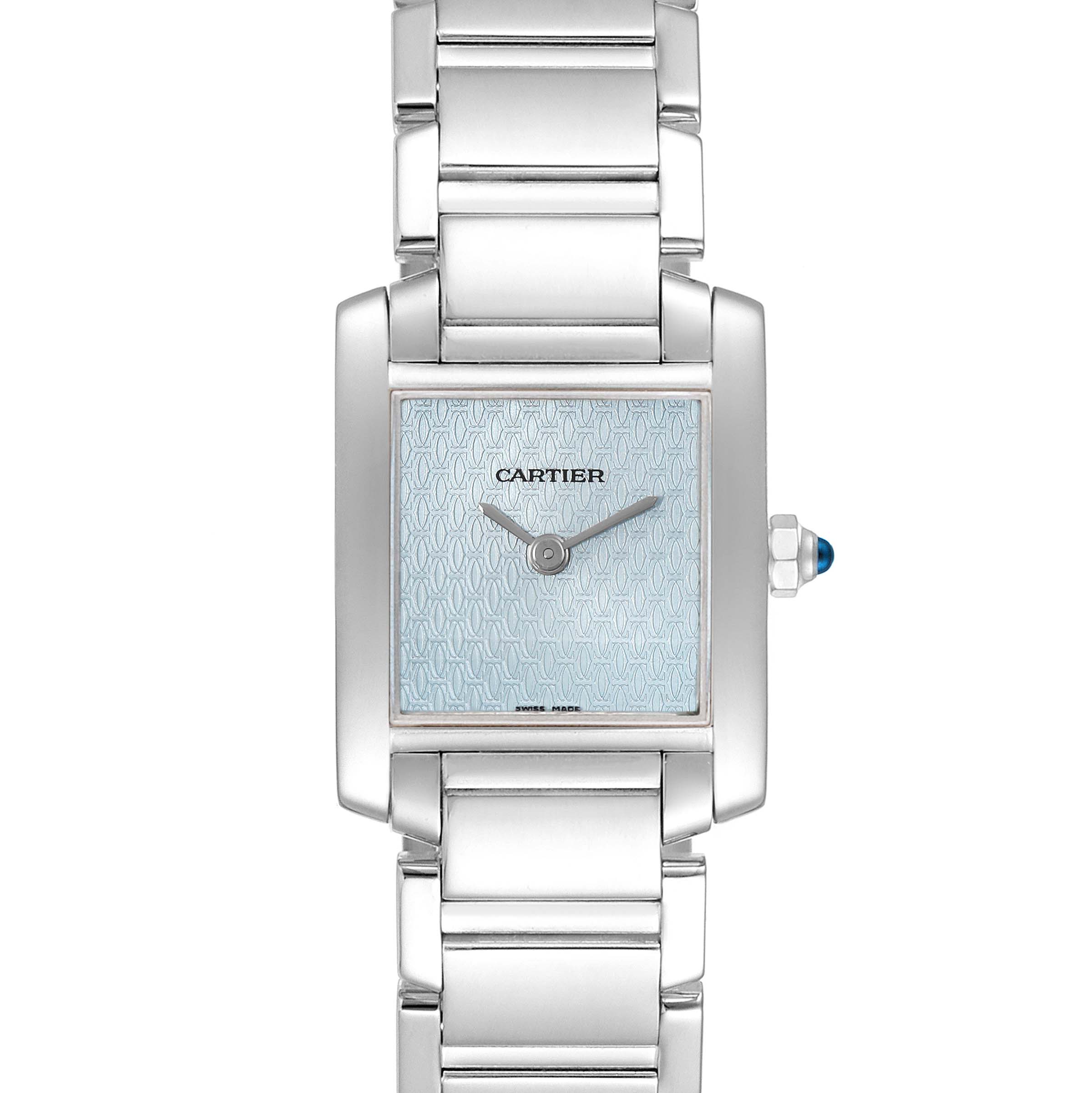 This Tank Francaise model by Cartier is viewed from the front, showing its dial, bracelet, and crown with a blue cabochon.