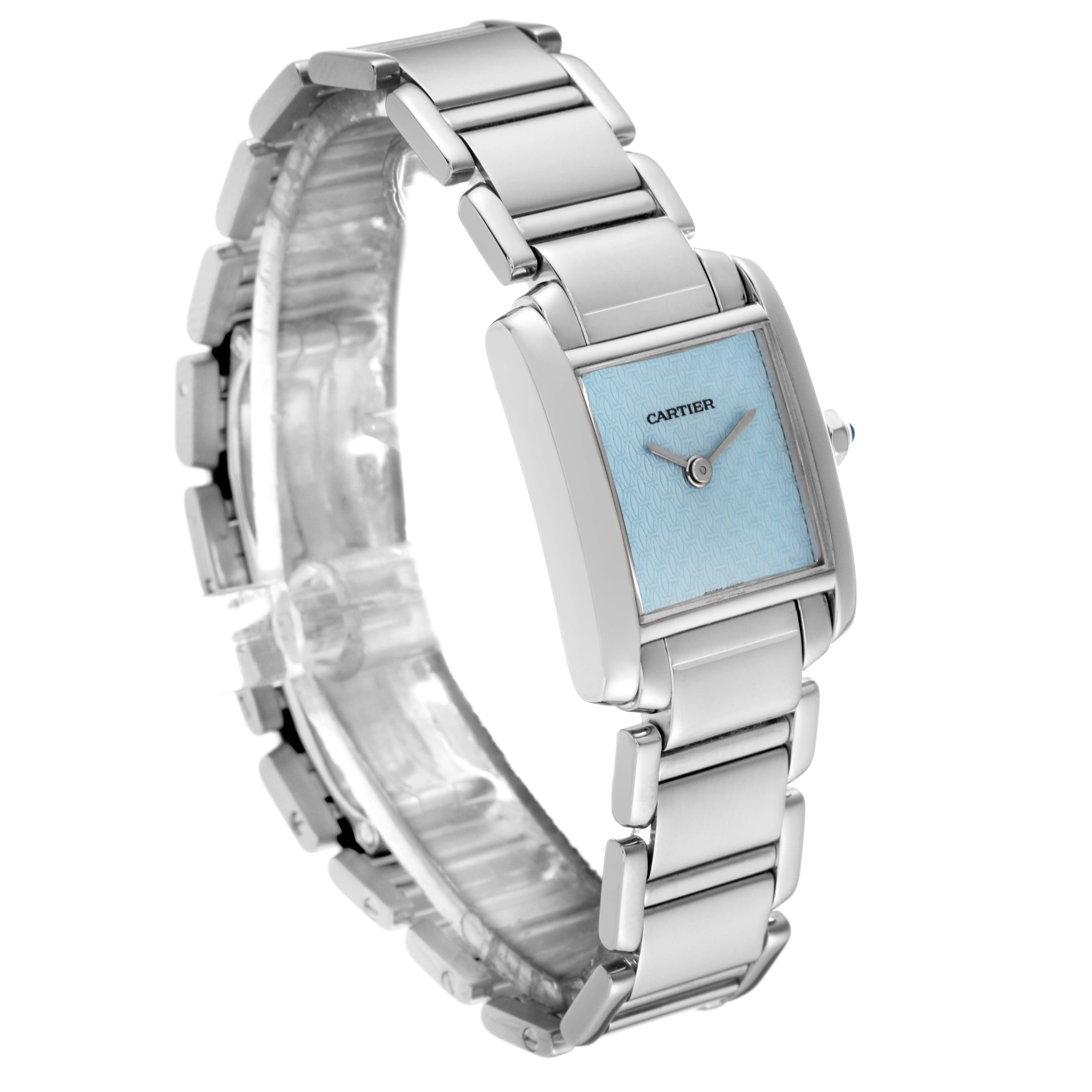 The Cartier Tank Francaise W50012S3 Women's White Gold Blue Dial W50012S3 Women's White Gold Blue Dial watch is shown at a three-quarter angle, displaying its stainless steel bracelet and blue dial.