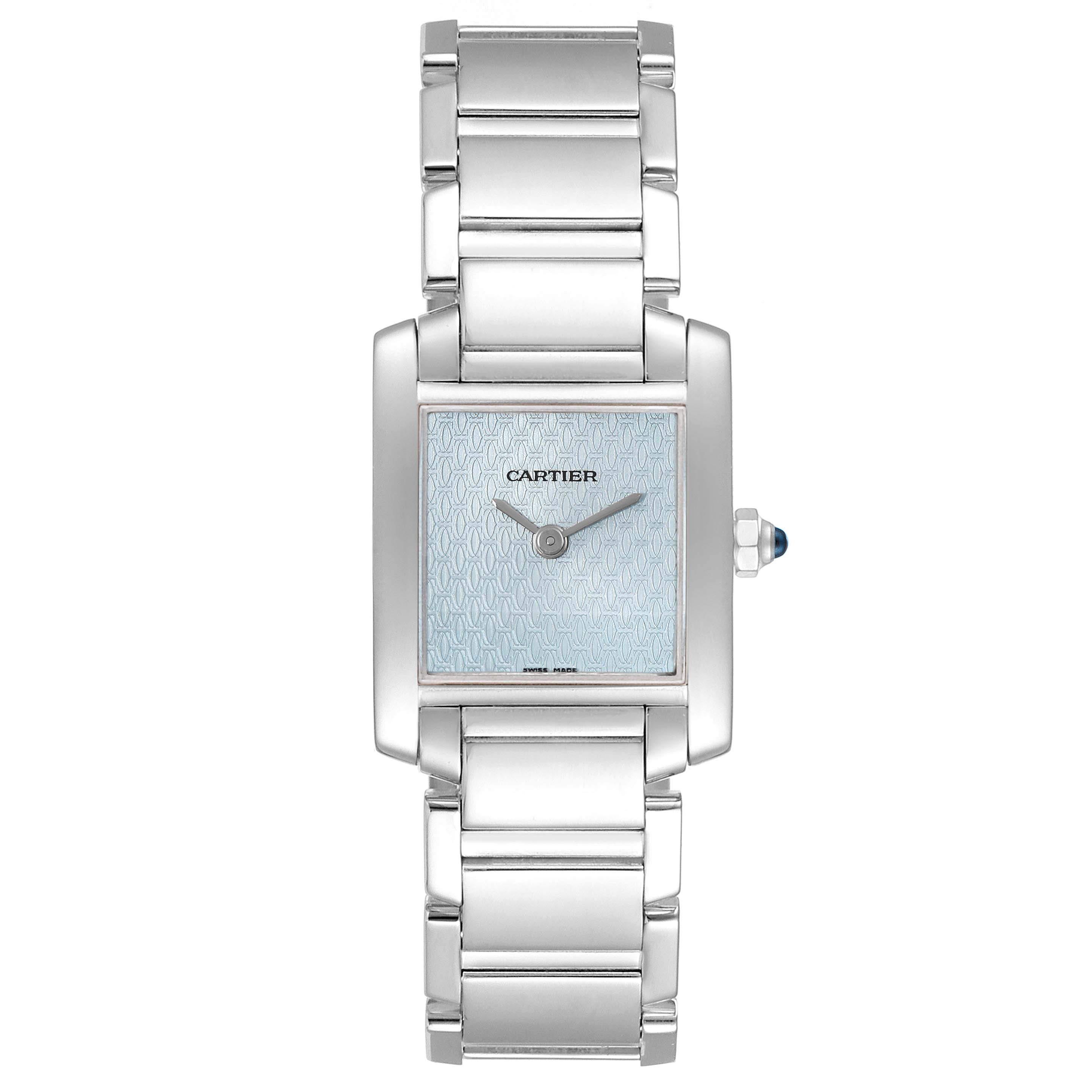 This image shows the front view of a Cartier Tank Francaise W50012S3 Women's White Gold Blue Dial W50012S3 Women's White Gold Blue Dial watch, displaying its face, bezel, crown, and stainless steel bracelet.