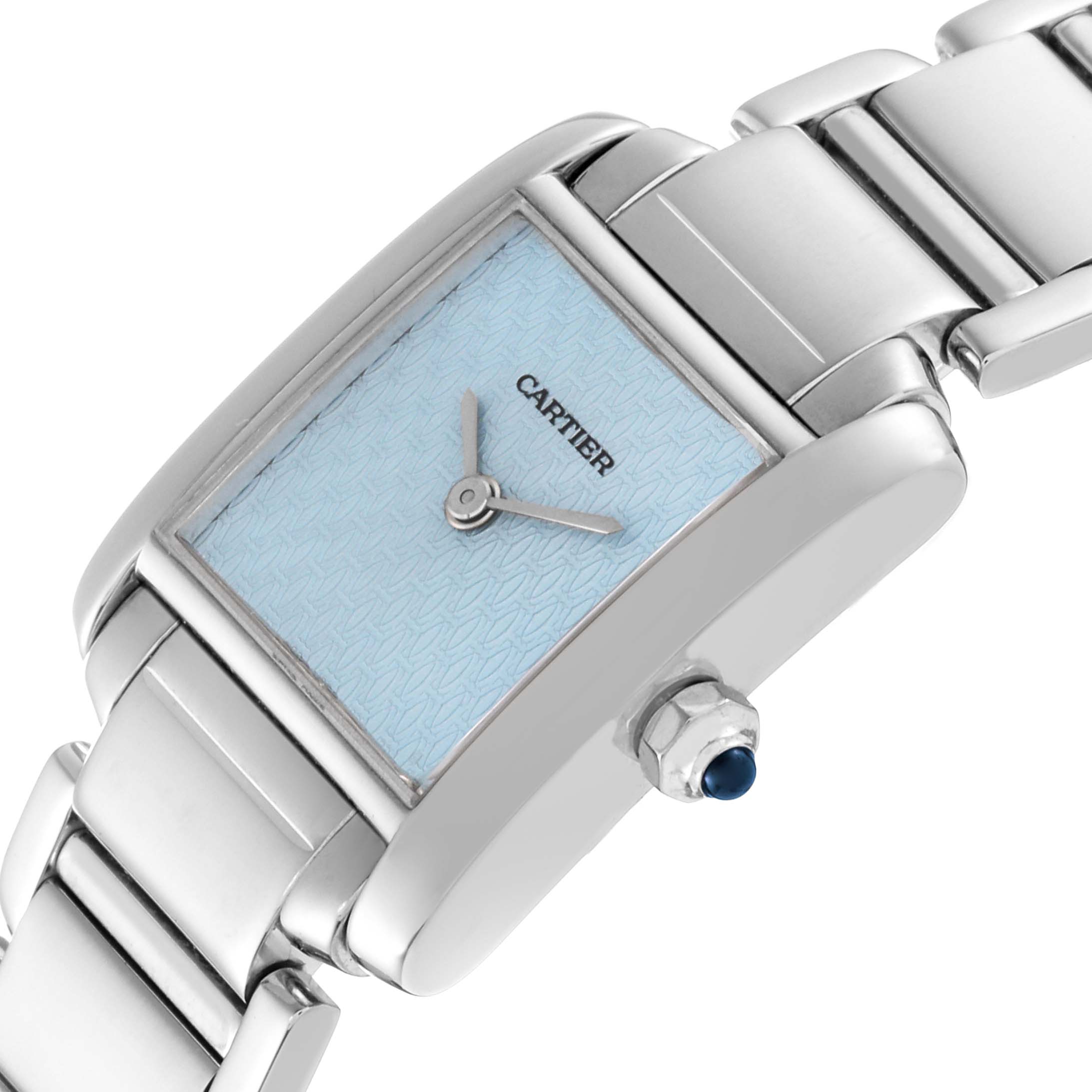 This image shows a close-up angled view of the Cartier Tank Francaise W50012S3 Women's White Gold Blue Dial W50012S3 Women's White Gold Blue Dial watch, highlighting the face, crown, and part of the band.