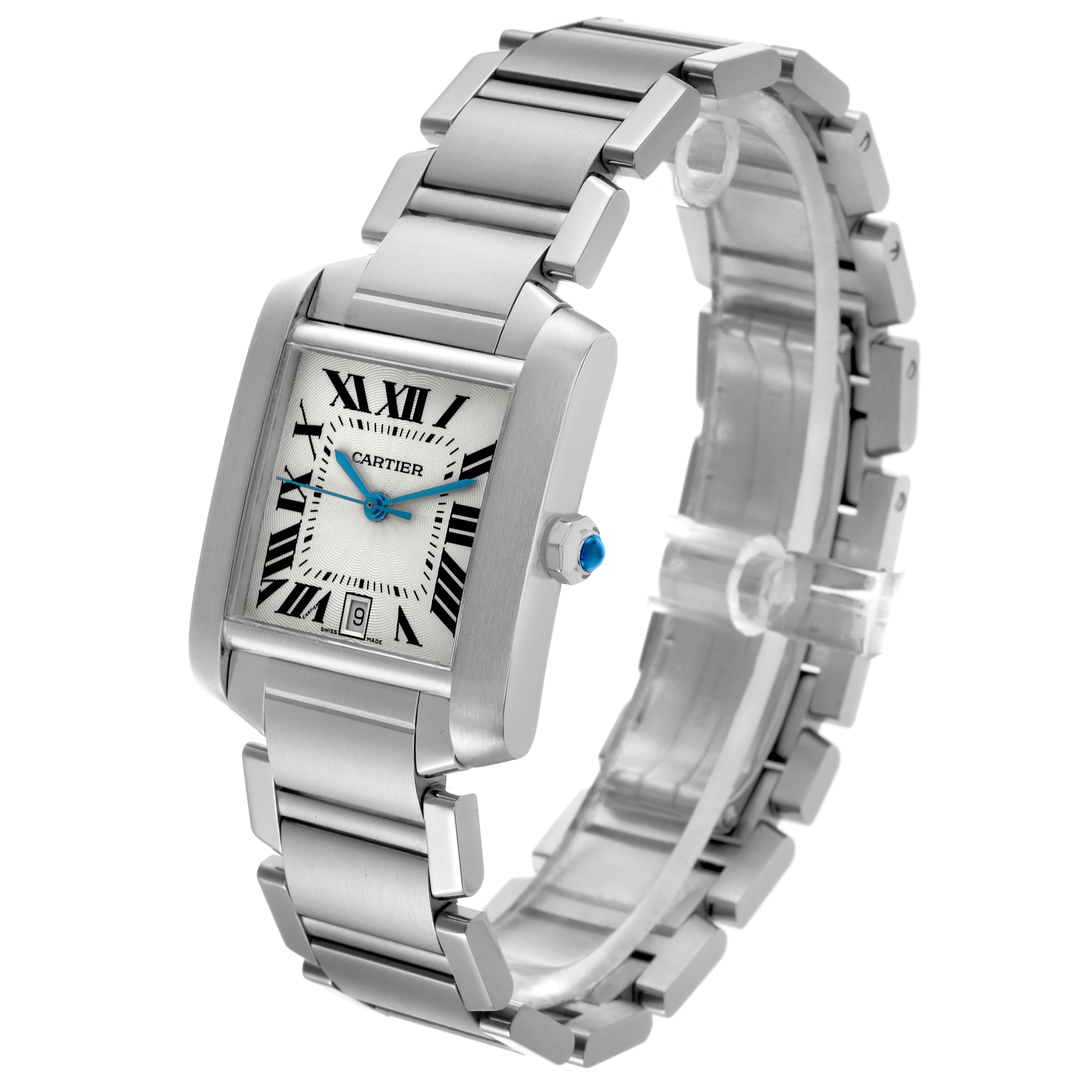 The Cartier Tank Francaise W51002Q3 Men
s Stainless Steel Silver Dial W51002Q3 Men
s Stainless Steel Silver Dial watch is shown at a three-quarter angle, highlighting the face, bracelet, and crown with a blue gem.