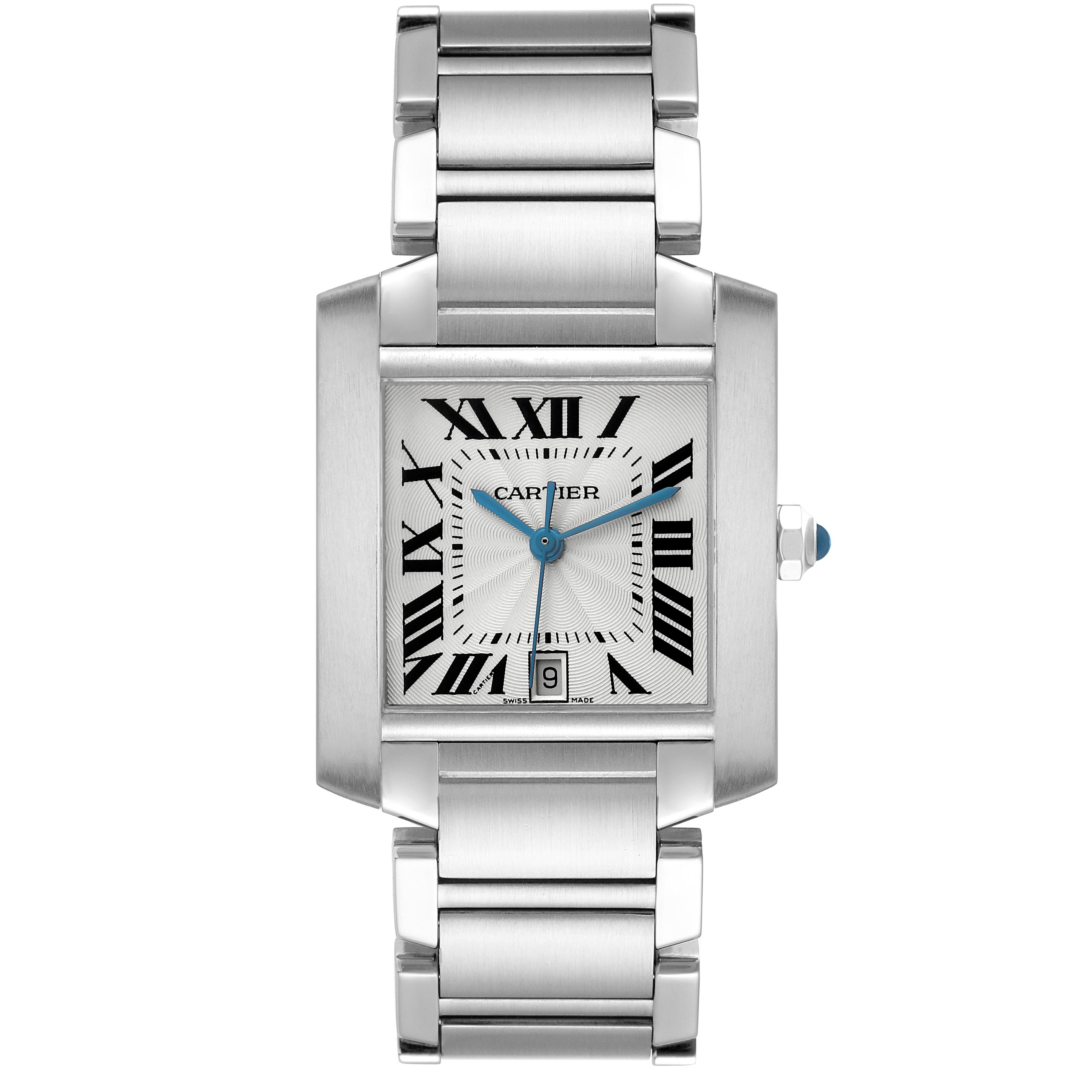 The Cartier Tank Française watch is shown from a top-down angle, highlighting its face, bracelet, and crown.
