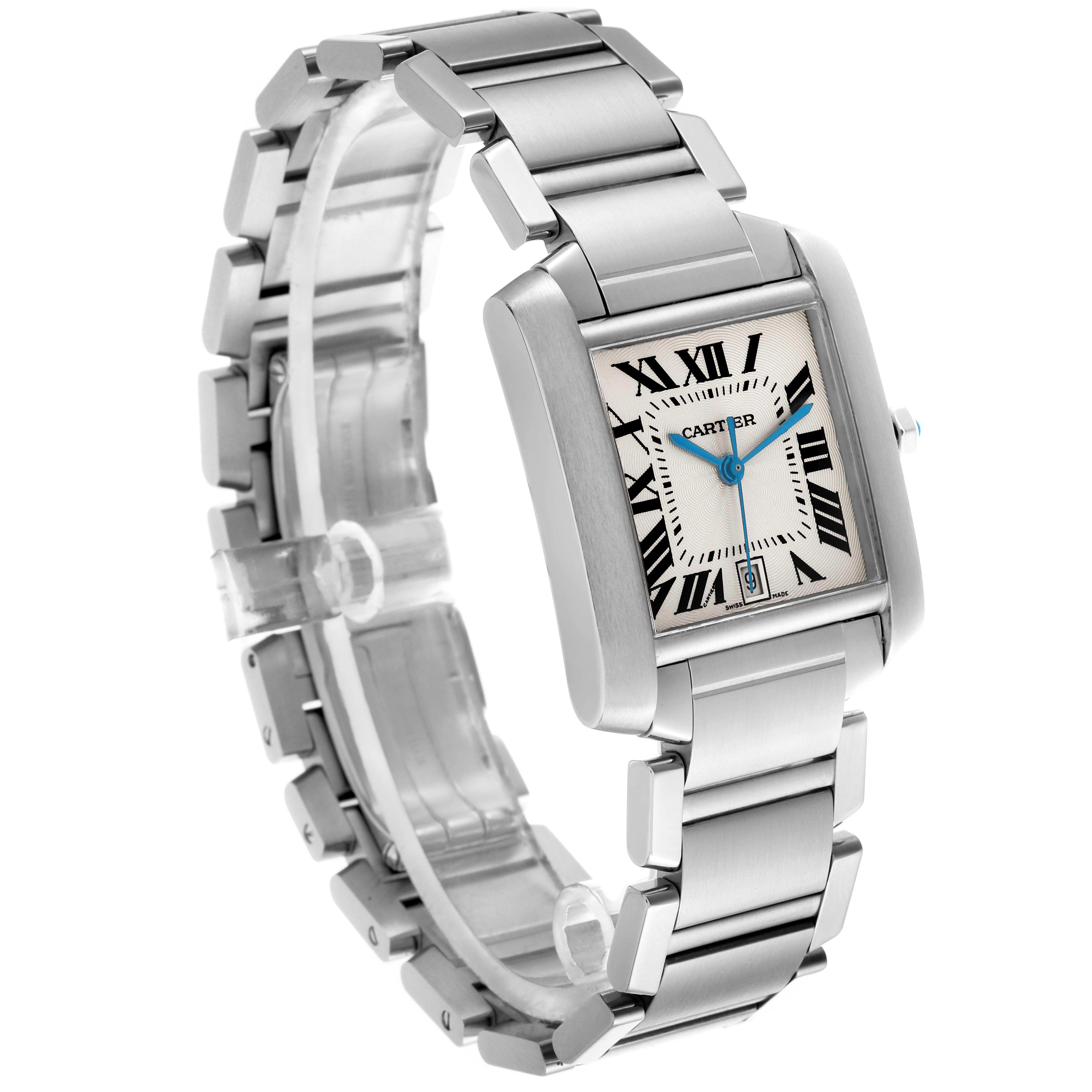 The Cartier Tank Francaise W51002Q3 Men
s Stainless Steel Silver Dial W51002Q3 Men
s Stainless Steel Silver Dial watch is shown at an angled side view, highlighting its rectangular face, iconic Roman numerals, and metal bracelet.