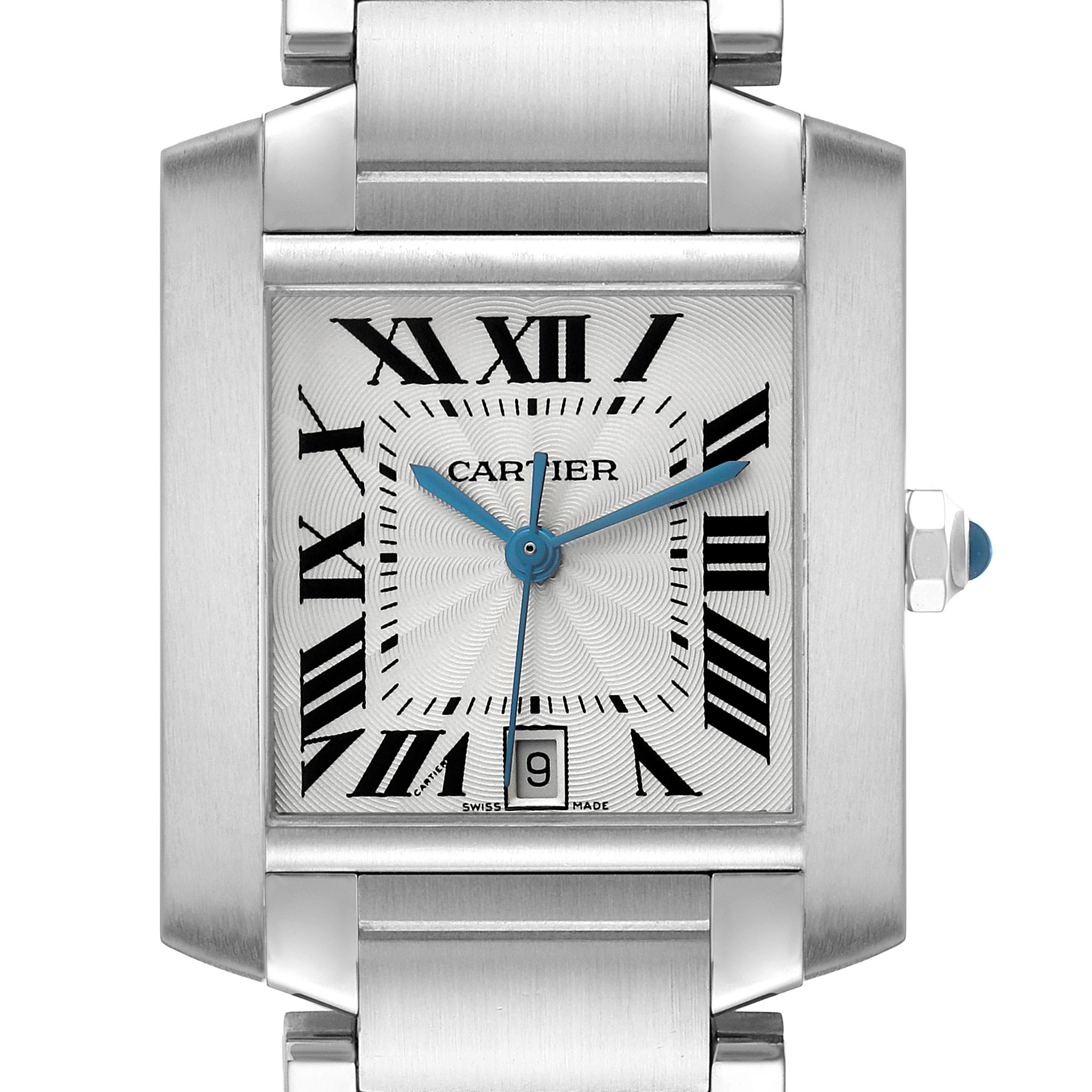 The Cartier Tank Française watch is shown from a front view, highlighting its face, Roman numerals, hands, and date window.