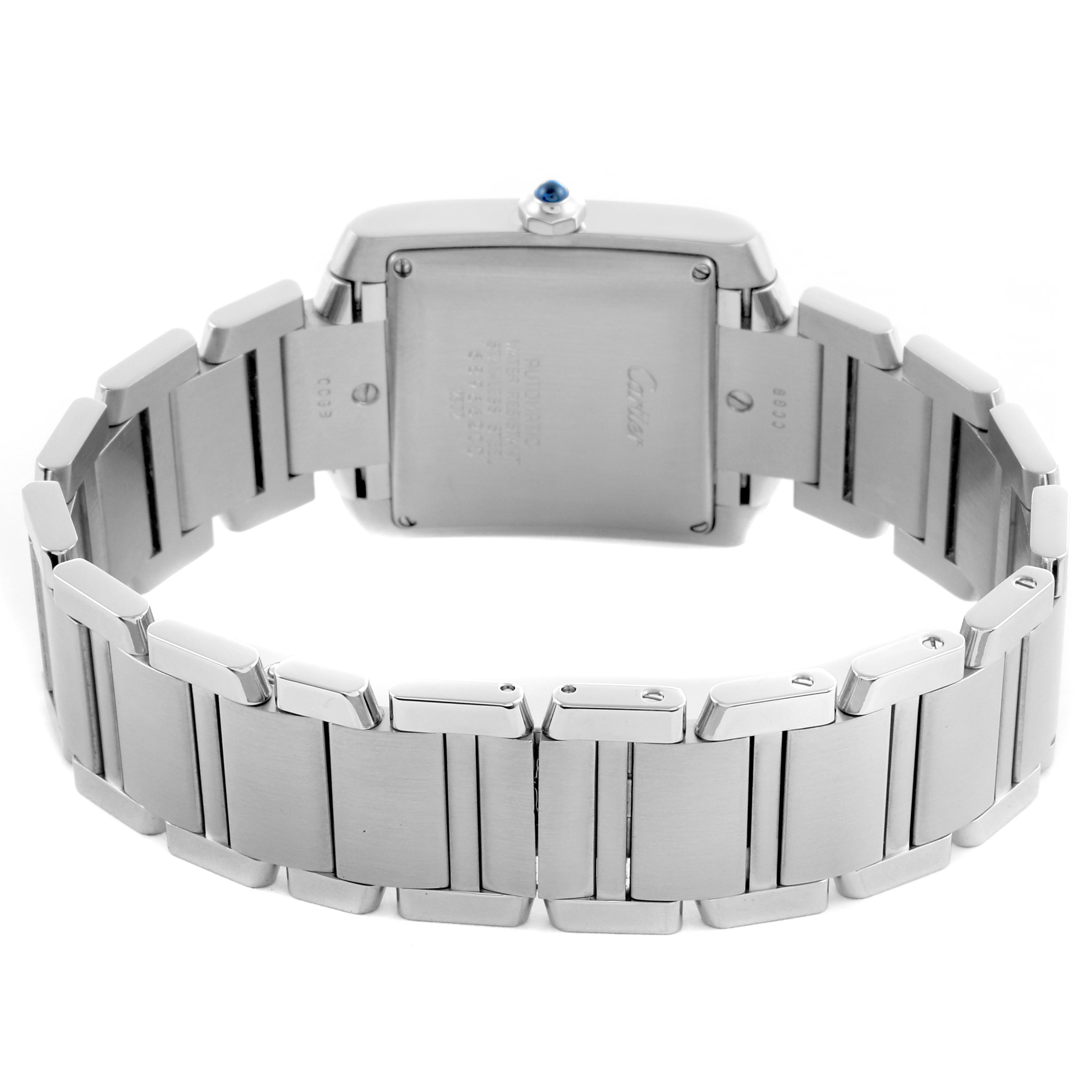 The image shows a rear view of the Cartier Tank Francaise W51002Q3 Men
s Stainless Steel Silver Dial W51002Q3 Men
s Stainless Steel Silver Dial watch, focusing on the back case and metal bracelet.