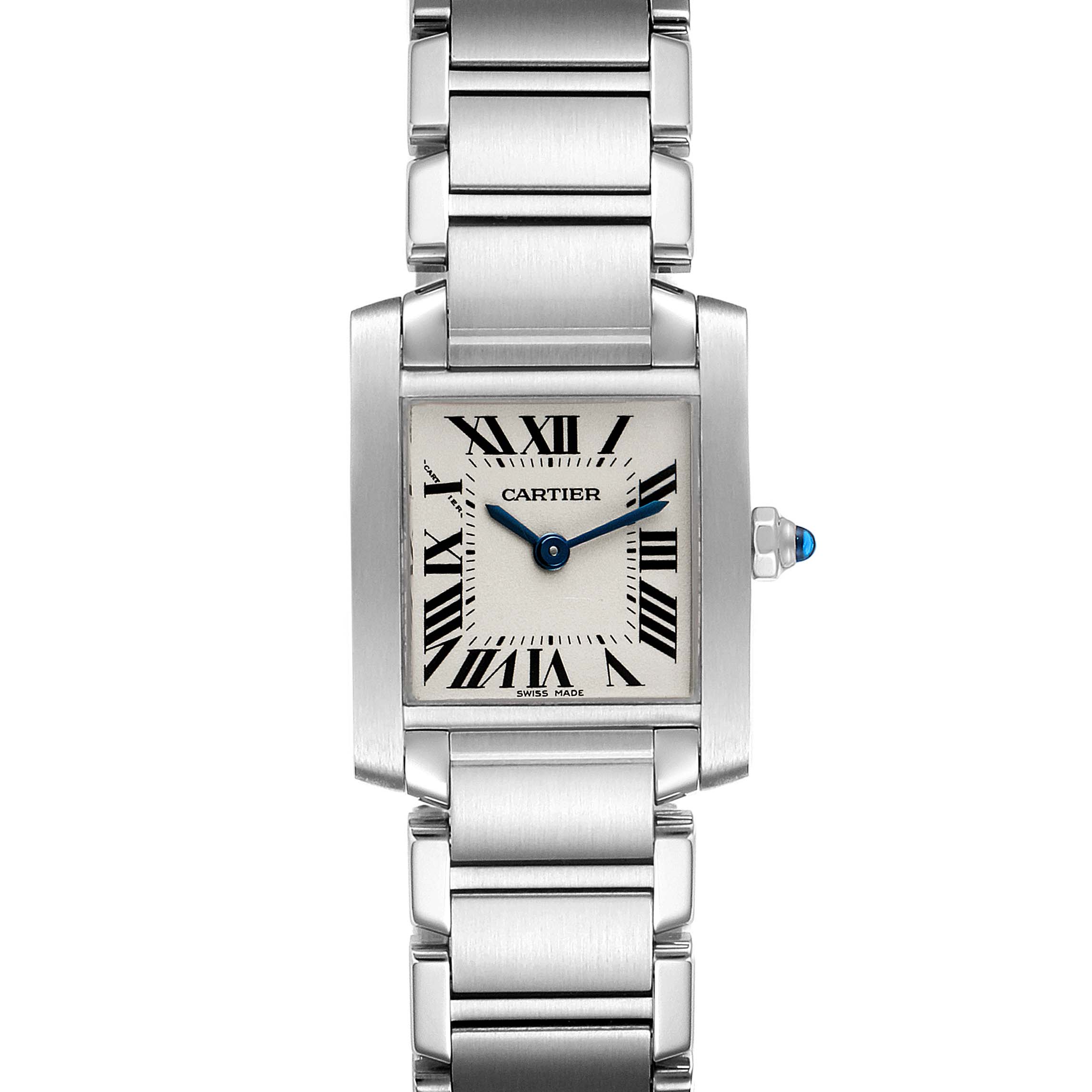The photo shows the Cartier Tank Francaise W51008Q3 Women's Stainless Steel Silver Dial W51008Q3 Women's Stainless Steel Silver Dial watch from the front, highlighting its rectangular face and metal bracelet.