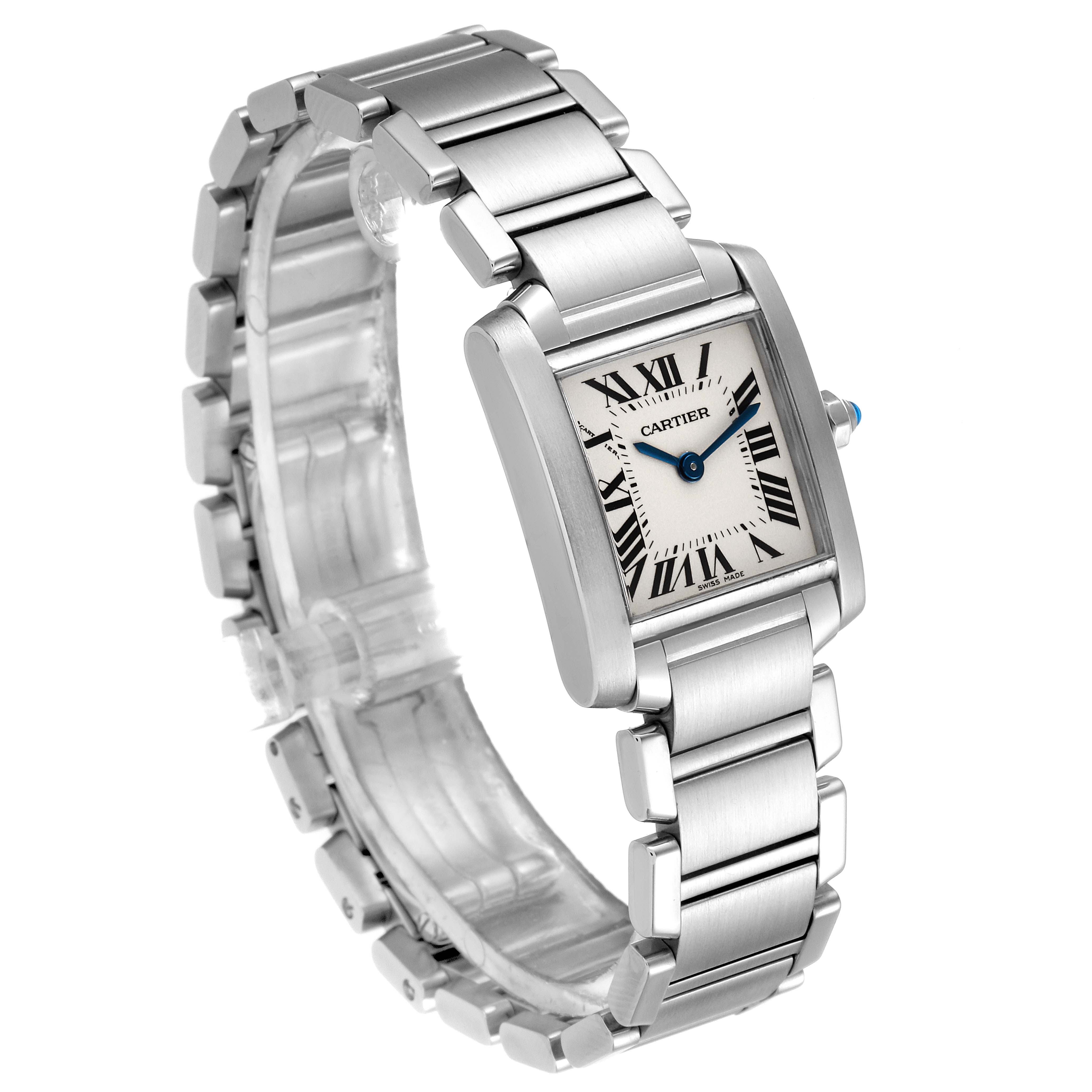 The Cartier Tank Française watch is shown at a three-quarter angle, highlighting the rectangular case, Roman numeral dial, and metal bracelet.