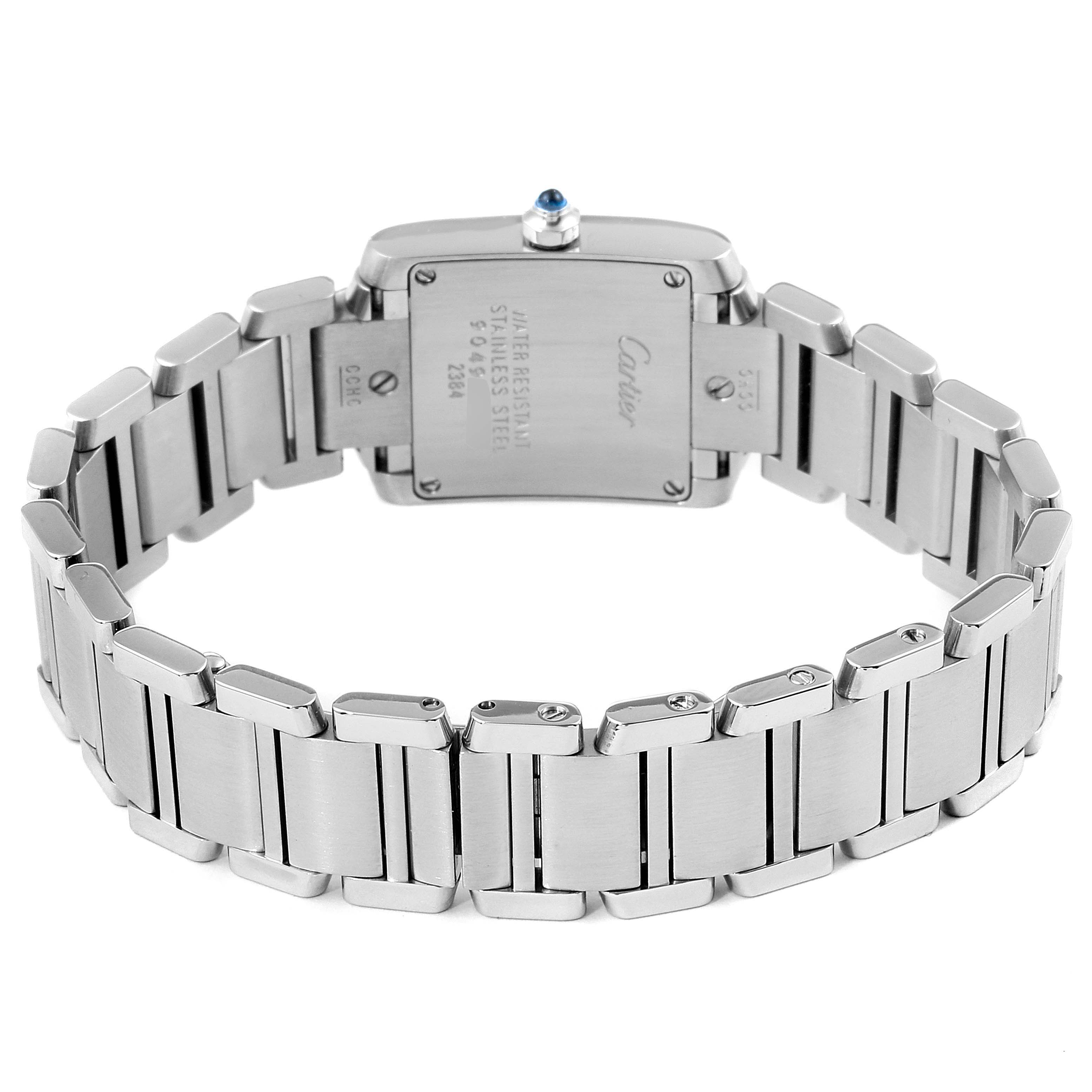 This image shows the back view of the Cartier Tank Francaise W51008Q3 Women's Stainless Steel Silver Dial W51008Q3 Women's Stainless Steel Silver Dial watch, highlighting the stainless steel bracelet and case back.