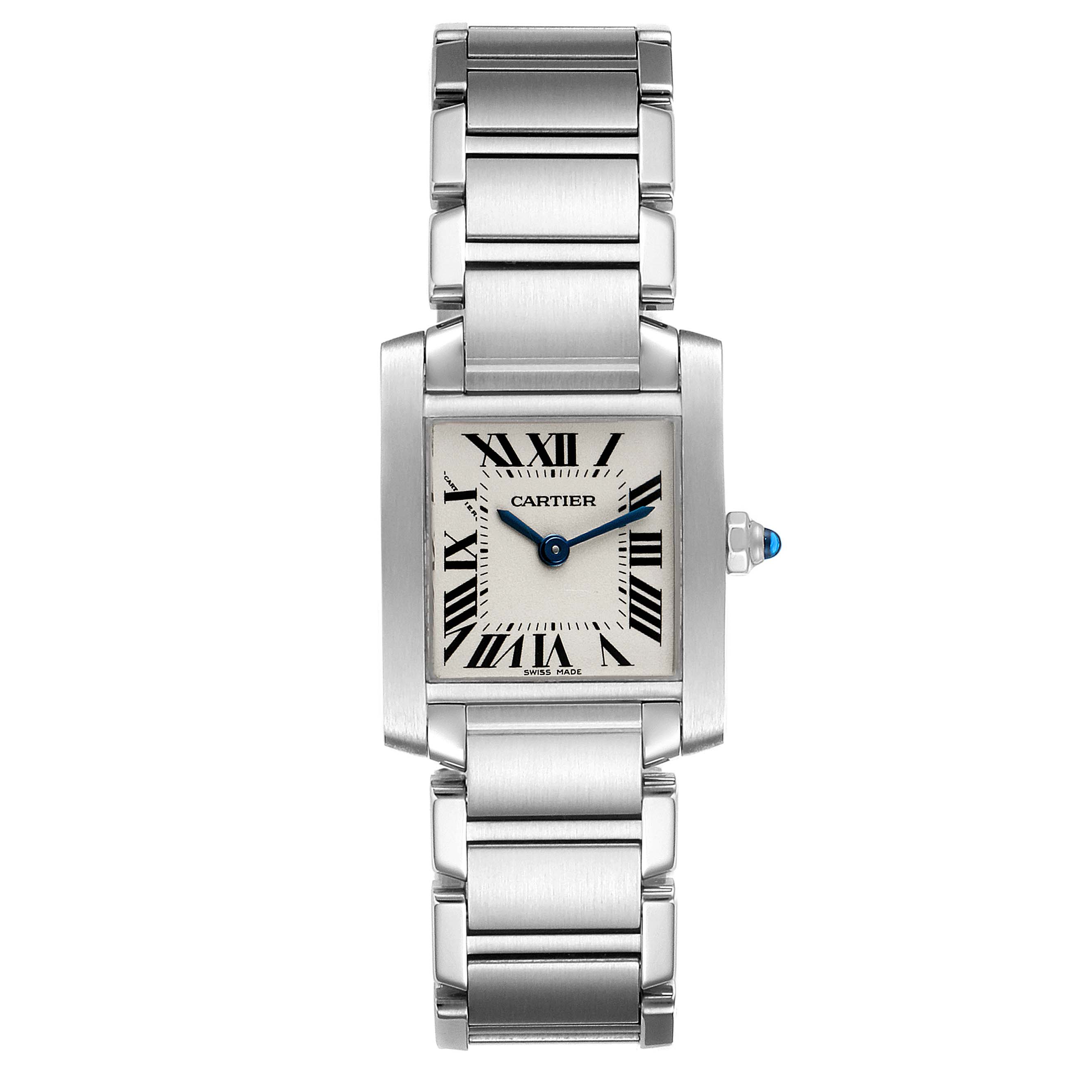The image shows a front view of the Cartier Tank Francaise W51008Q3 Women's Stainless Steel Silver Dial W51008Q3 Women's Stainless Steel Silver Dial watch, featuring its bracelet, rectangular dial, and blue sapphire crown.