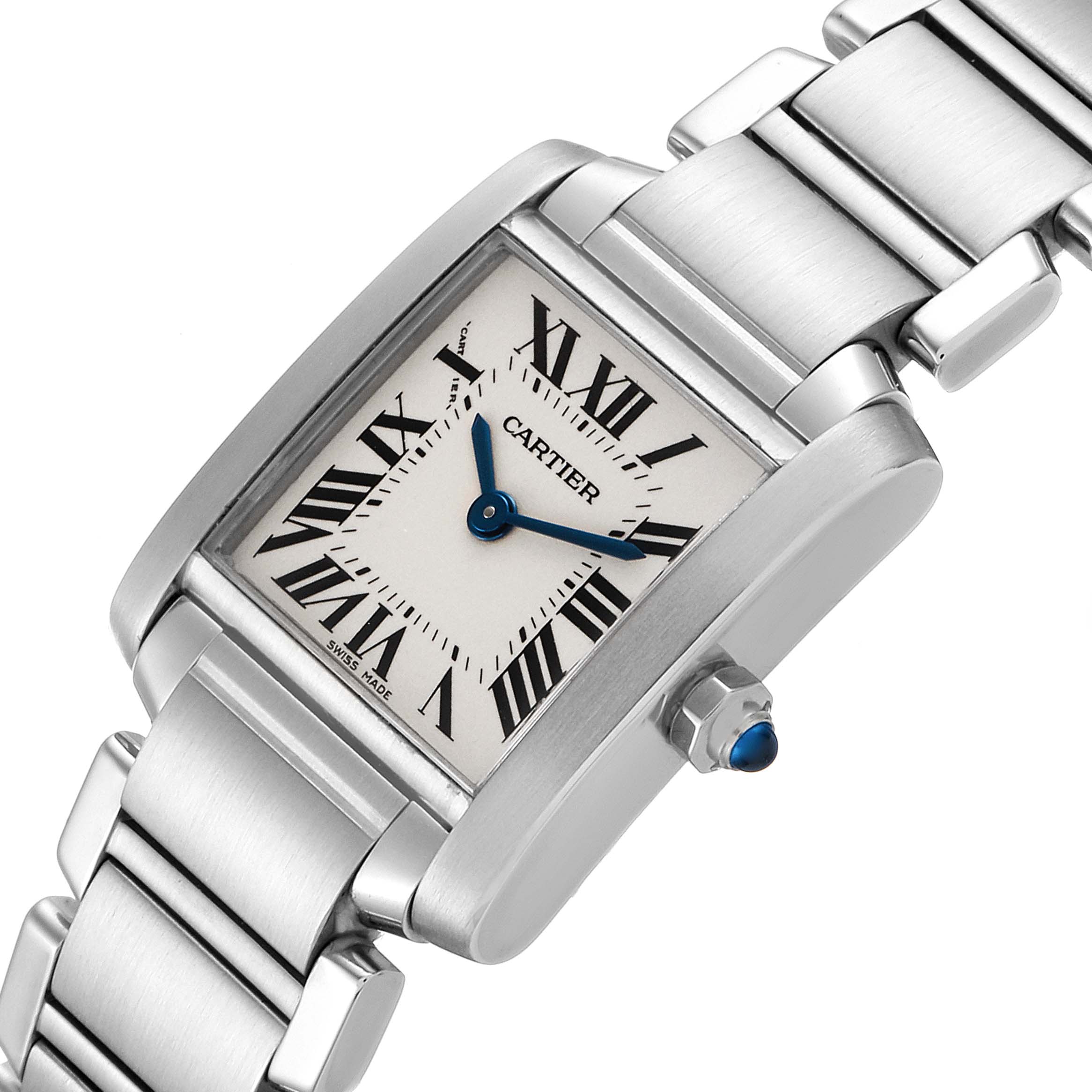 The image shows a close-up angle of the Cartier Tank Francaise W51008Q3 Women's Stainless Steel Silver Dial W51008Q3 Women's Stainless Steel Silver Dial watch, highlighting its face, hands, crown, and bracelet.