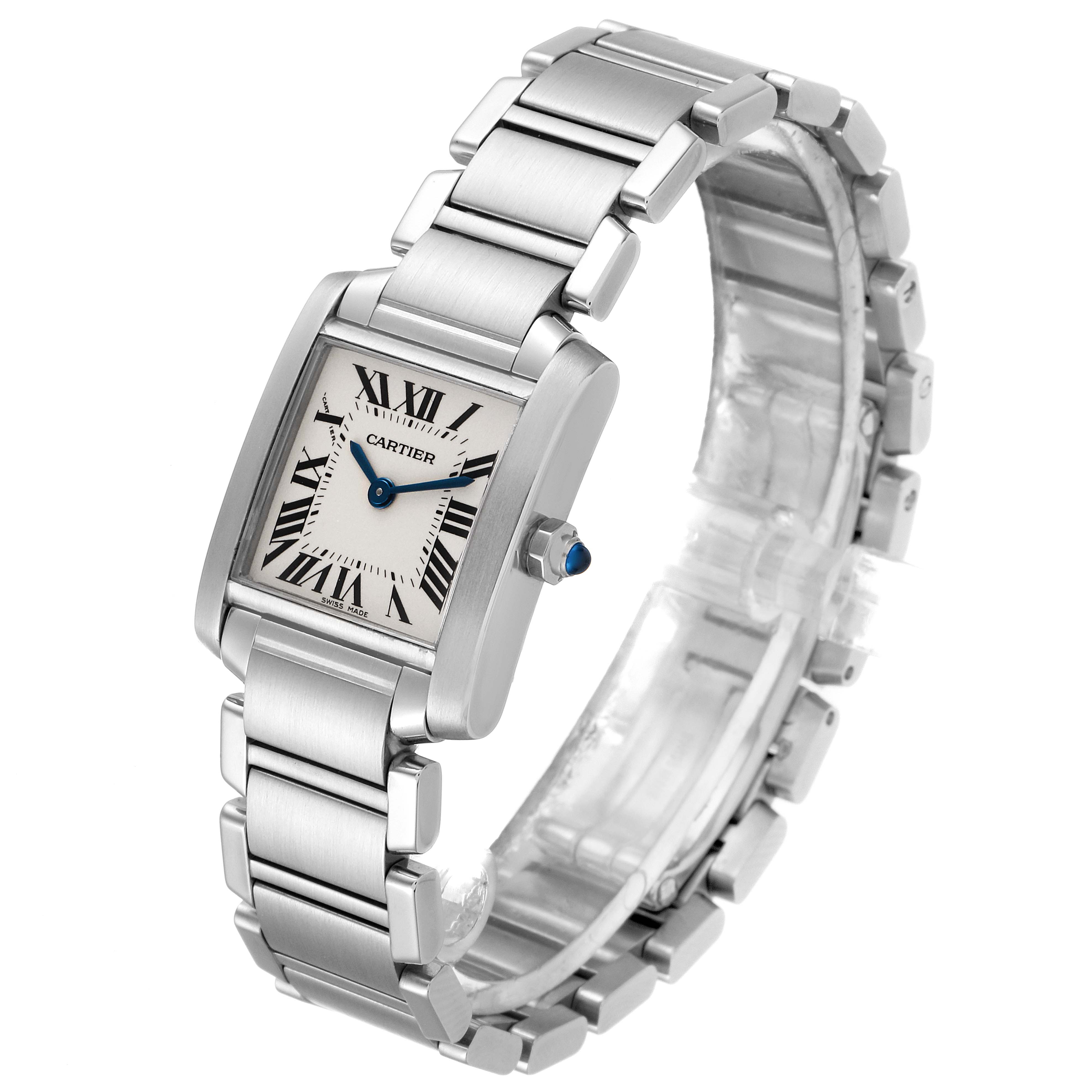 This image shows a Cartier Tank Francaise W51008Q3 Women's Stainless Steel Silver Dial W51008Q3 Women's Stainless Steel Silver Dial watch from a three-quarter angle, highlighting its face and bracelet.