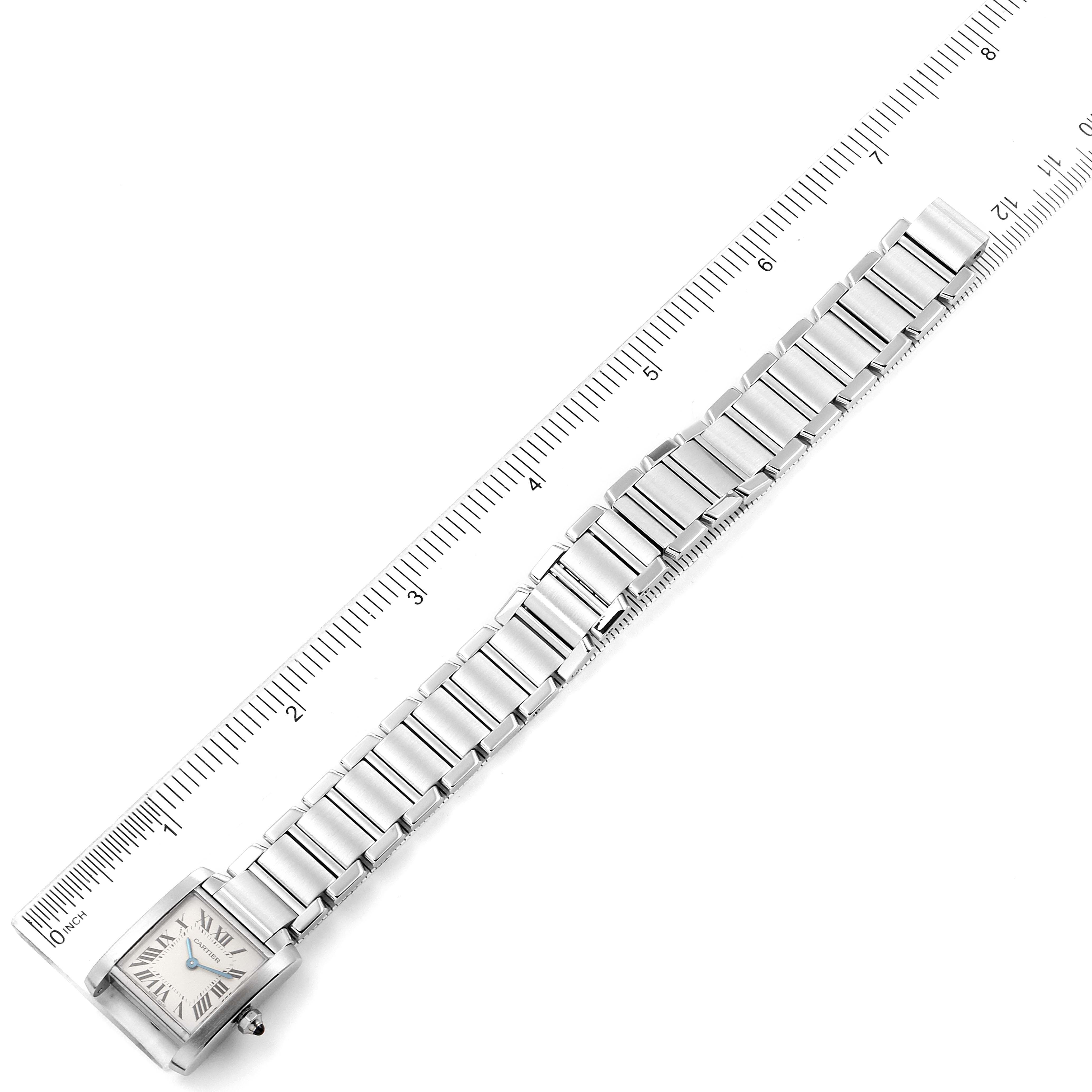 The Cartier Tank Francaise W51008Q3 Women's Stainless Steel Silver Dial W51008Q3 Women's Stainless Steel Silver Dial watch is shown from a top-down angle, displaying its face and full metal bracelet.