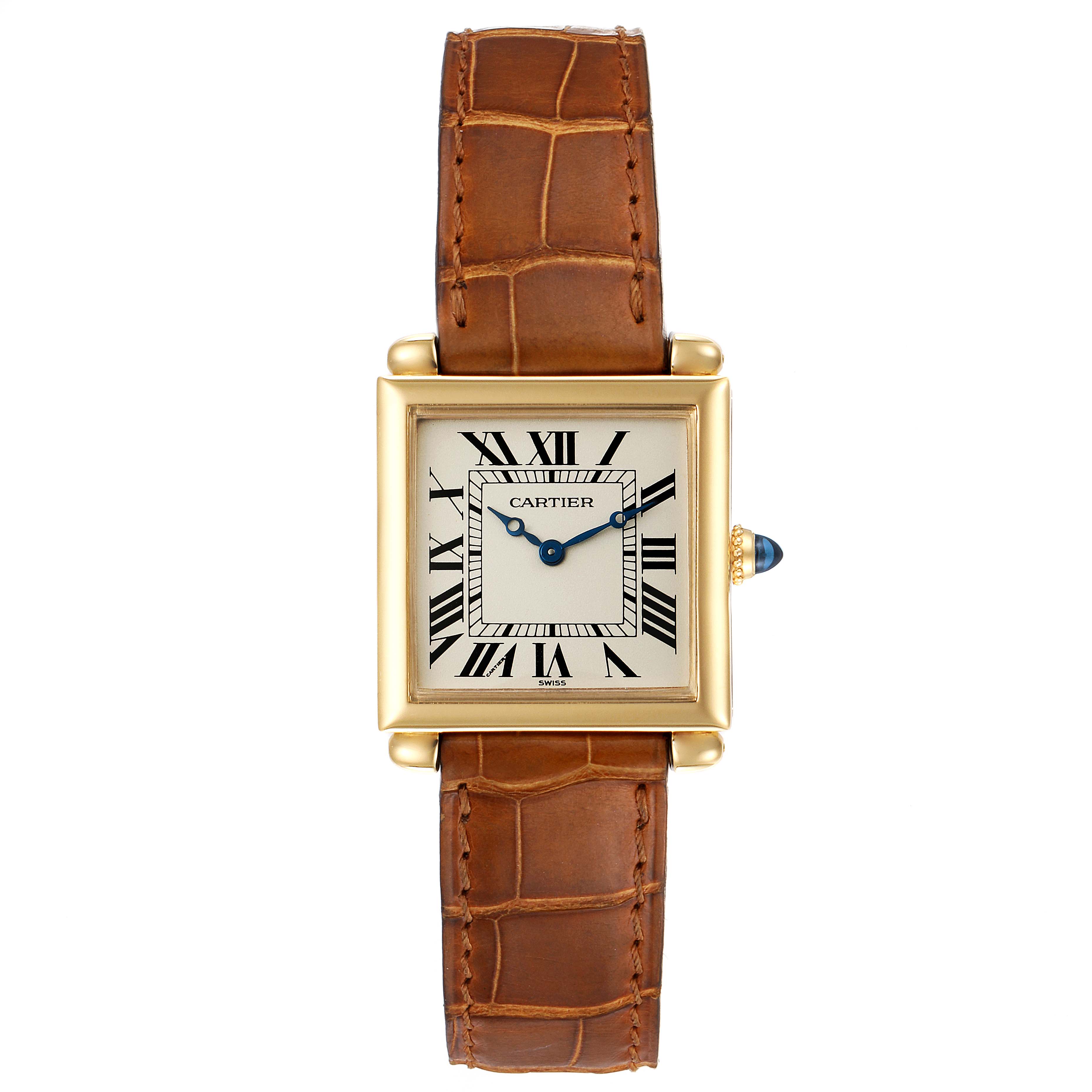 The image shows a front view of the Cartier Tank Obus 1630 Women's Yellow Gold Silver Dial 1630 Women's Yellow Gold Silver Dial watch, highlighting its face, roman numerals, hands, and leather strap.