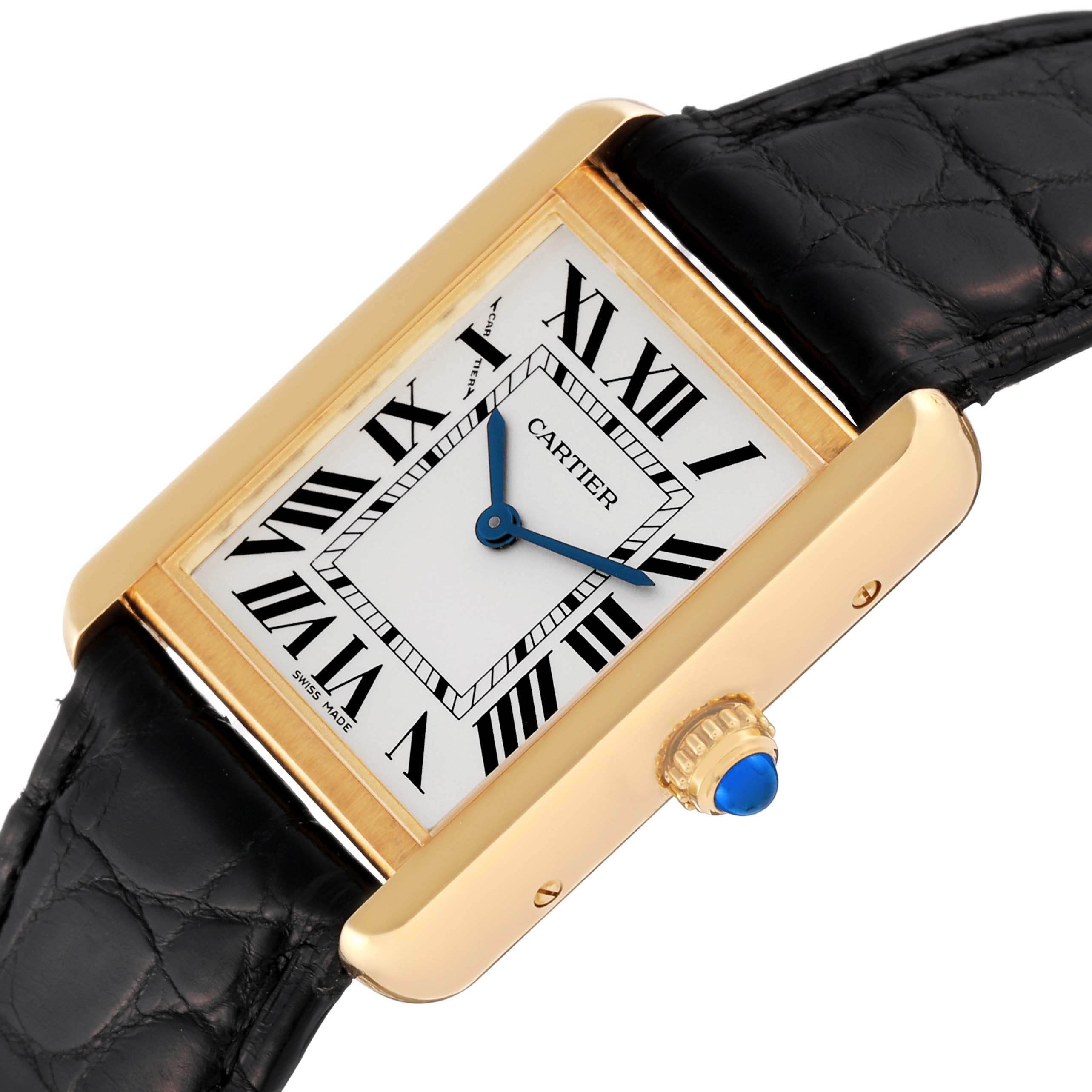 The Cartier Tank Solo W5200002 Women
s Steel and Gold (two tone) Silver Dial W5200002 Women
s Steel and Gold (two tone) Silver Dial watch is shown from a slight angle, highlighting its rectangular face, Roman numerals, and leather strap.