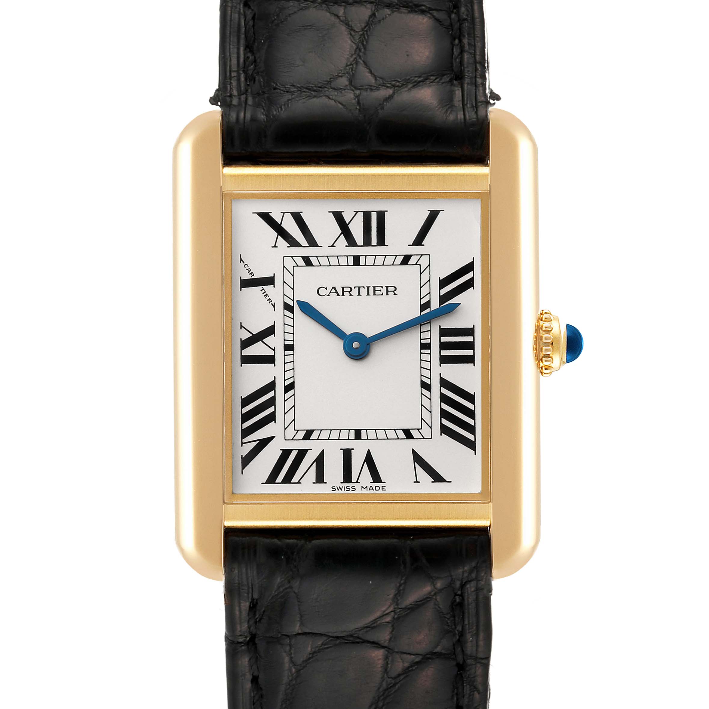 The Cartier Tank Solo W5200002 Women
s Steel and Gold (two tone) Silver Dial W5200002 Women
s Steel and Gold (two tone) Silver Dial watch is shown from the front, highlighting its rectangular face, Roman numerals, and leather strap.