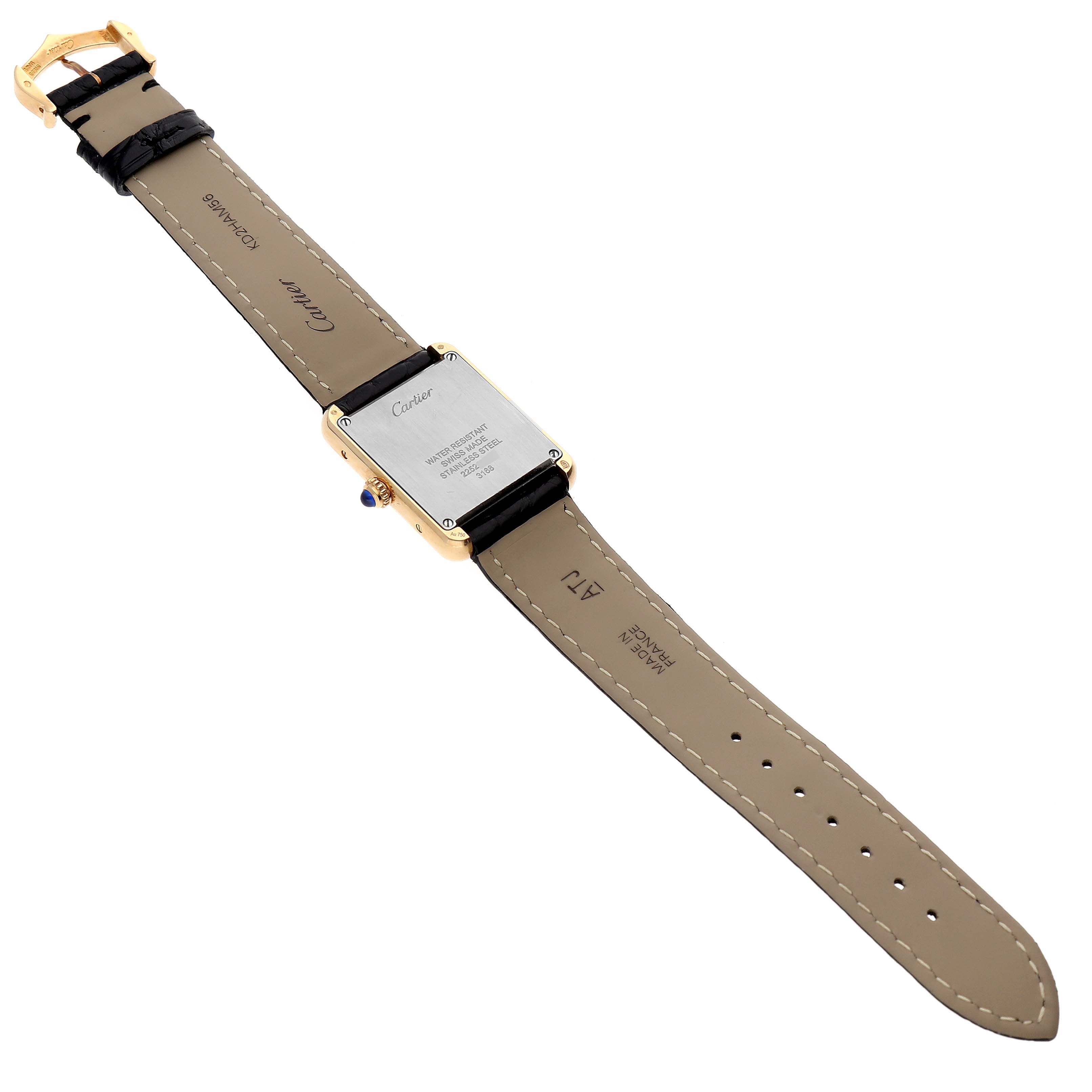 The image shows the back view of a Cartier Tank Solo W5200002 Women
s Steel and Gold (two tone) Silver Dial W5200002 Women
s Steel and Gold (two tone) Silver Dial watch, highlighting the leather strap and case back details.