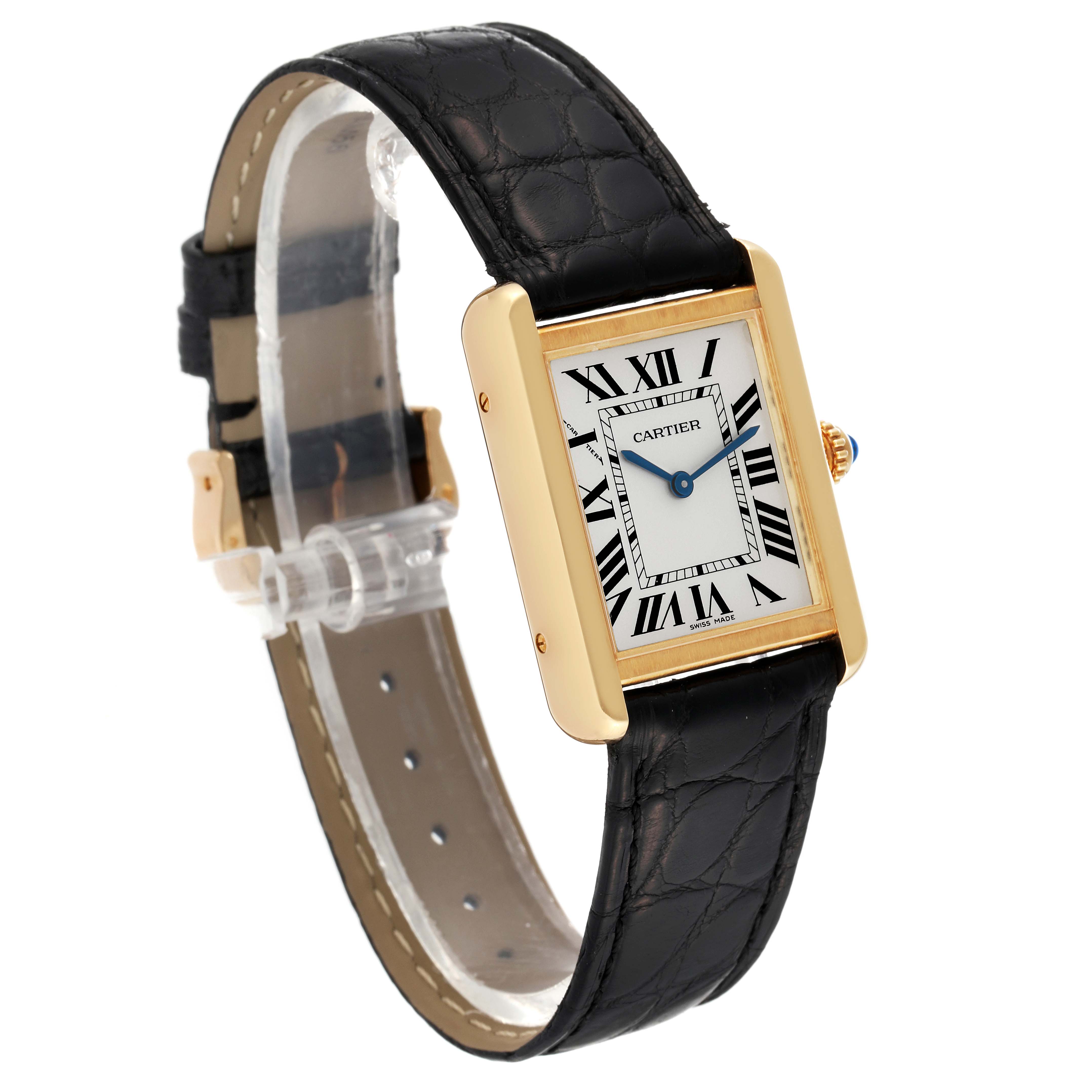 The Tank Solo model by Cartier is shown at a slight angle, displaying its rectangular face, Roman numeral dial, and black leather strap.